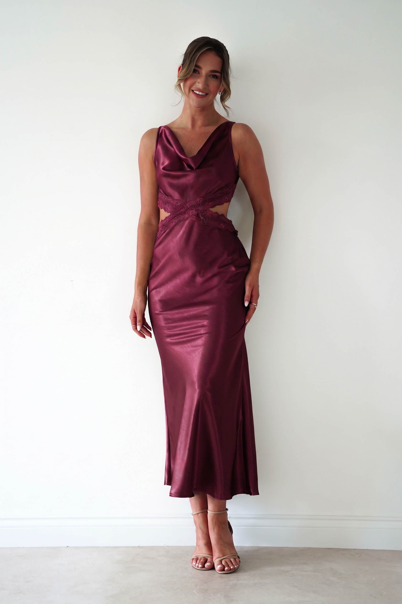 Oh Hello Clothing Women > Clothing > Dresses Saoirse Satin Lace Cut Out Maxi Dress | Wine