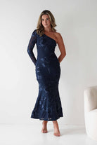 Saphira One Sleeve Maxi Dress Navy Textured | Wedding Guest Dress | One Shoulder | Maxi | Oh Hello Clothing