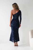 Saphira One Sleeve Maxi Dress Navy Textured | Wedding Guest Dress | One Shoulder | Maxi | Oh Hello Clothing