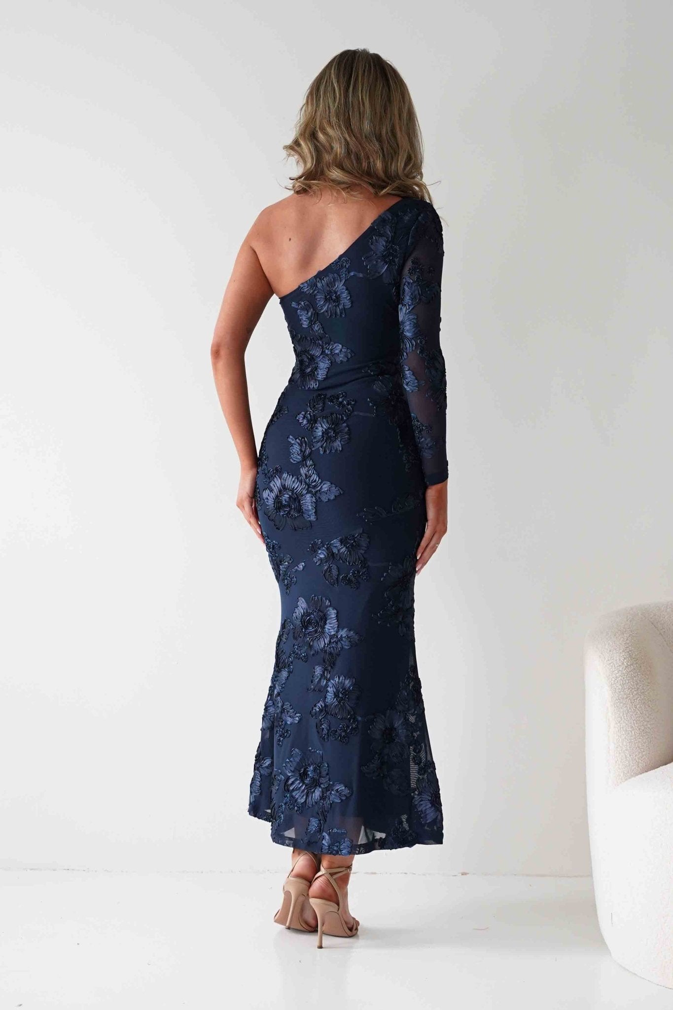 Saphira One Sleeve Maxi Dress Navy Textured | Wedding Guest Dress | One Shoulder | Maxi | Oh Hello Clothing