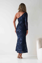 Saphira One Sleeve Maxi Dress Navy Textured | Wedding Guest Dress | One Shoulder | Maxi | Oh Hello Clothing