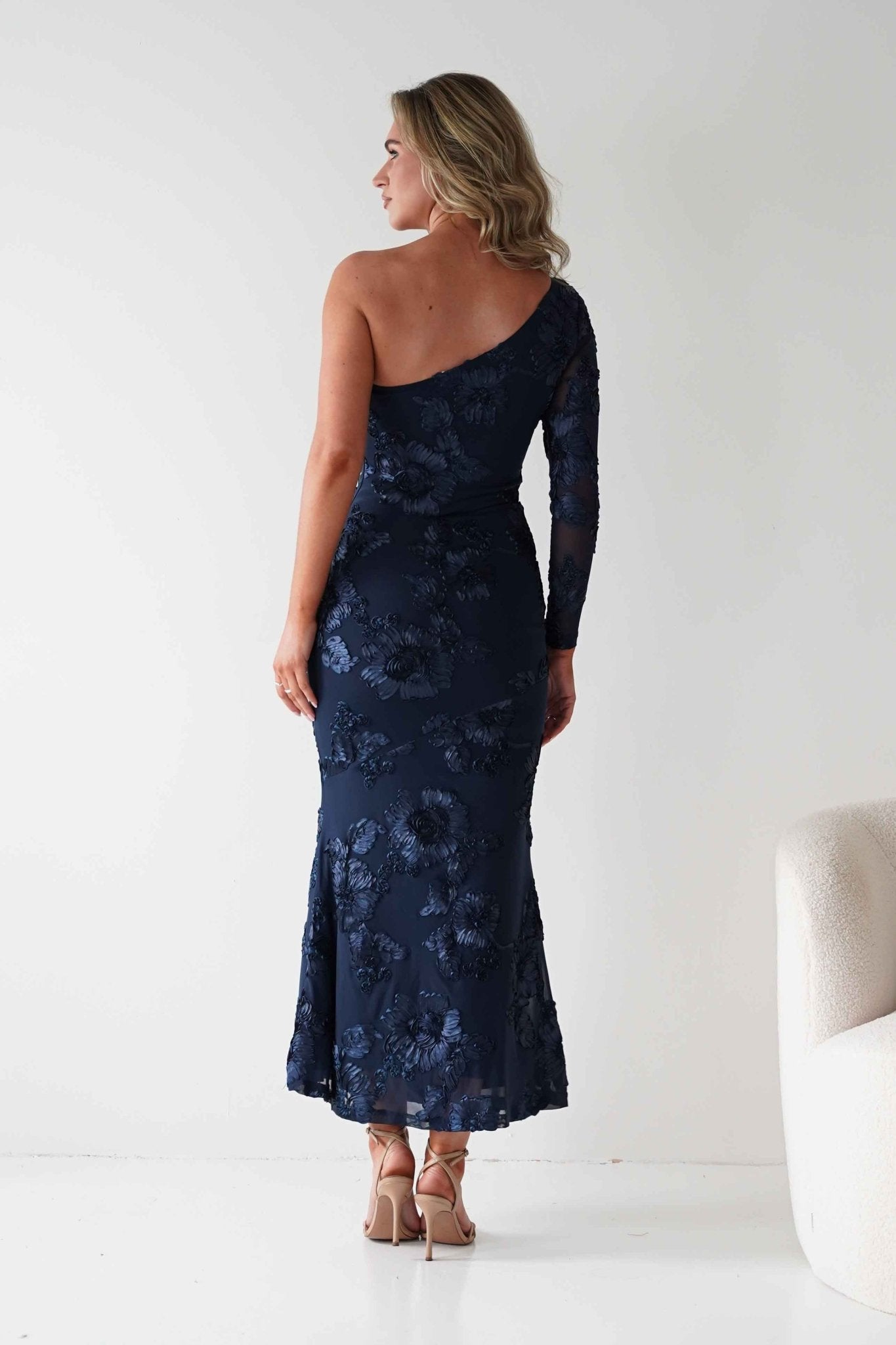 Saphira One Sleeve Maxi Dress Navy Textured | Wedding Guest Dress | One Shoulder | Maxi | Oh Hello Clothing