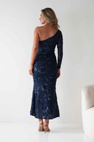 Saphira One Sleeve Maxi Dress Navy Textured | Wedding Guest Dress | One Shoulder | Maxi | Oh Hello Clothing