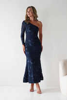 Saphira One Sleeve Maxi Dress Navy Textured | Wedding Guest Dress | One Shoulder | Maxi | Oh Hello Clothing