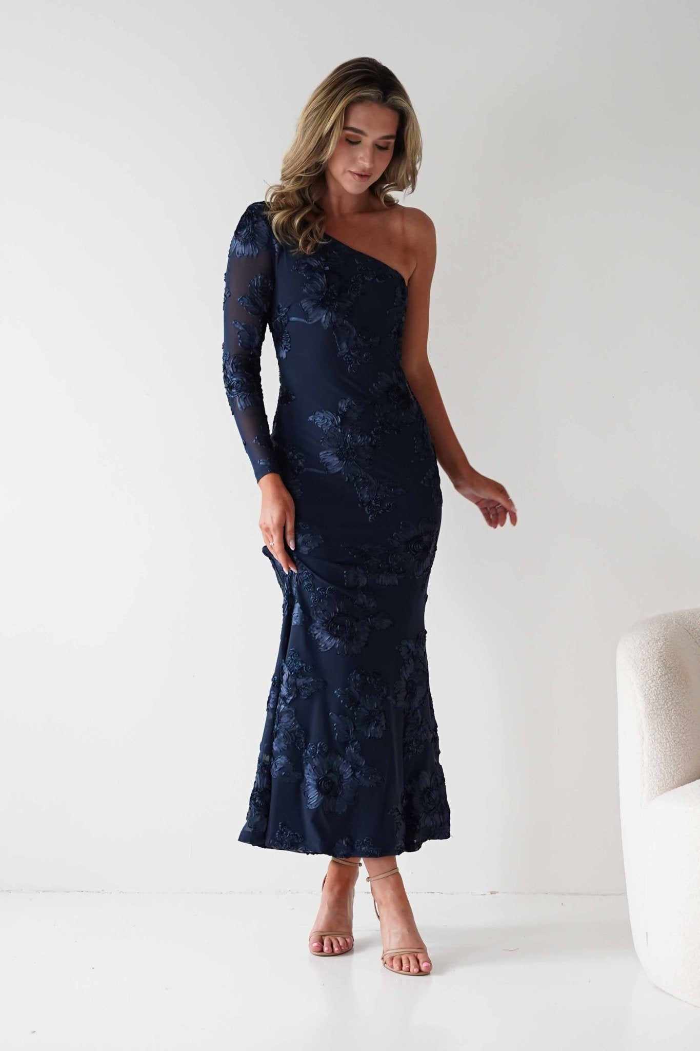 Saphira One Sleeve Maxi Dress Navy Textured | Wedding Guest Dress | One Shoulder | Maxi | Oh Hello Clothing