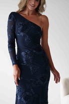 Saphira One Sleeve Maxi Dress Navy Textured | Wedding Guest Dress | One Shoulder | Maxi | Oh Hello Clothing
