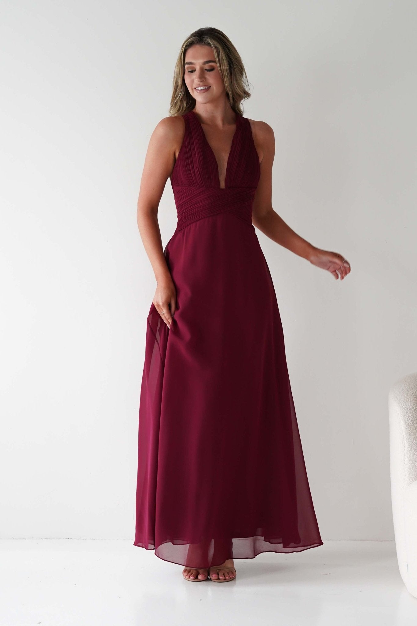 Sara A-Line Chiffon Maxi Dress Burgundy | Wedding Guest Dress | A-Line | Maxi | Oh Hello Clothing