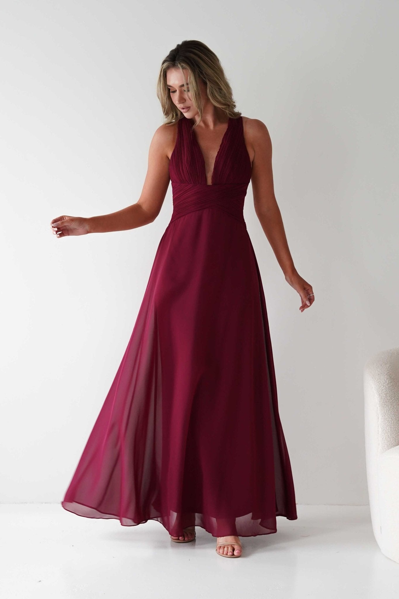 Sara A-Line Chiffon Maxi Dress Burgundy | Wedding Guest Dress | A-Line | Maxi | Oh Hello Clothing