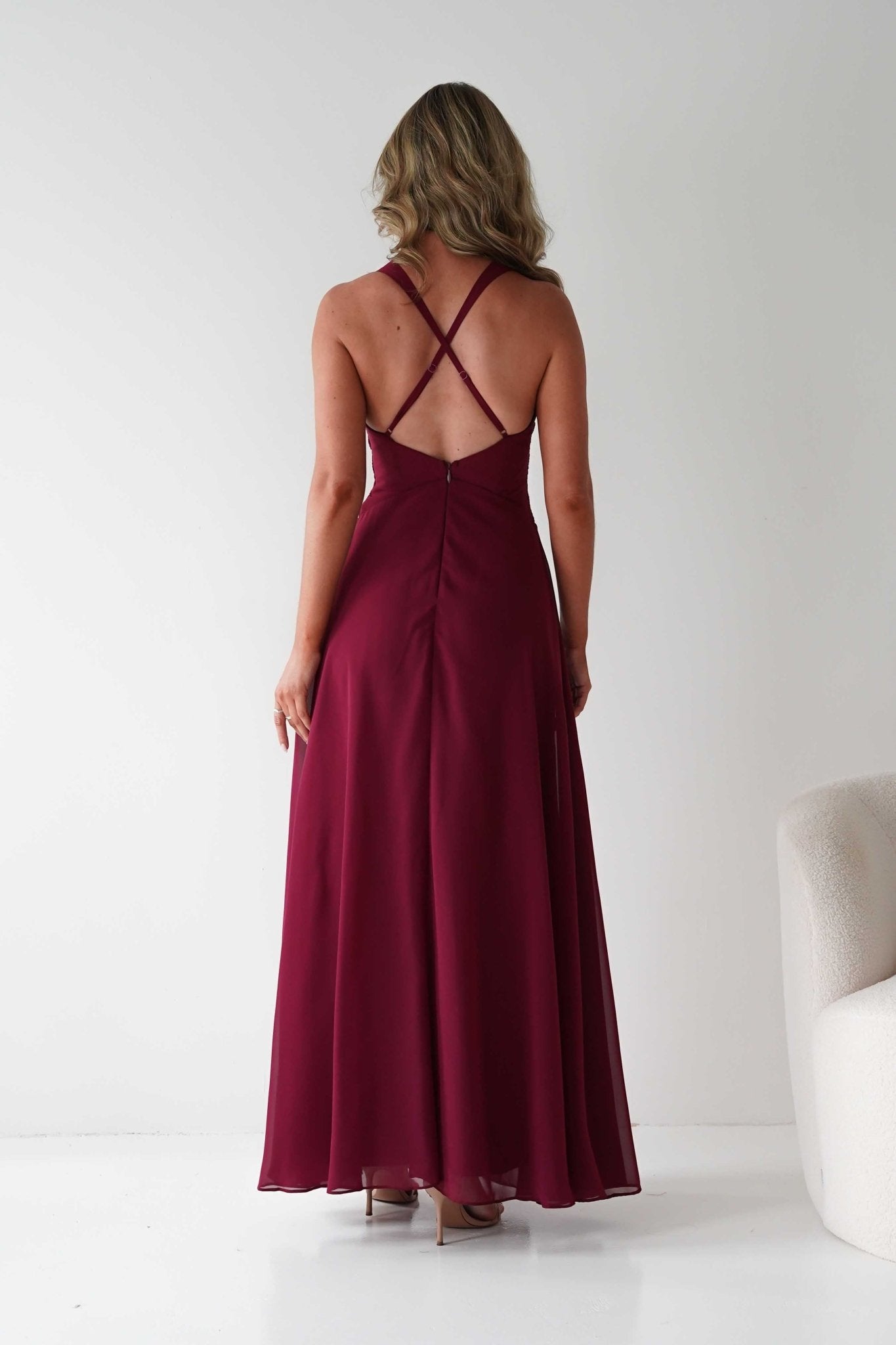 Sara A-Line Chiffon Maxi Dress Burgundy | Wedding Guest Dress | A-Line | Maxi | Oh Hello Clothing