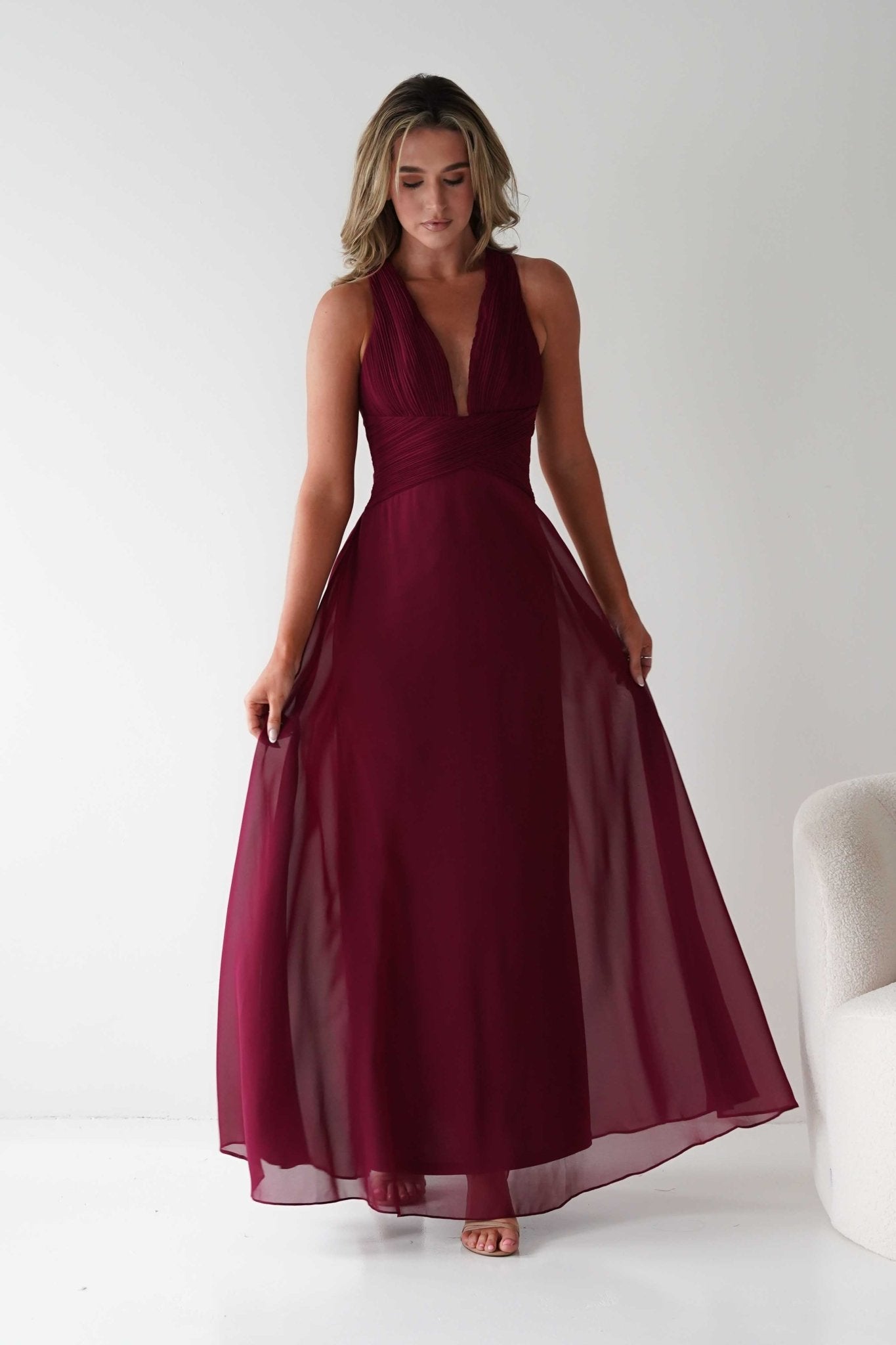 Sara A-Line Chiffon Maxi Dress Burgundy | Wedding Guest Dress | A-Line | Maxi | Oh Hello Clothing