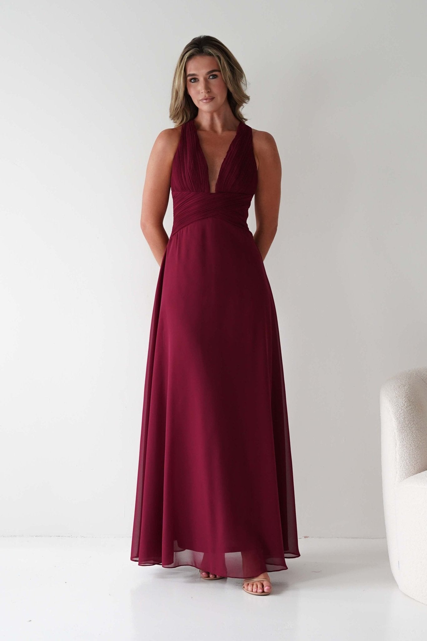Sara A-Line Chiffon Maxi Dress Burgundy | Wedding Guest Dress | A-Line | Maxi | Oh Hello Clothing