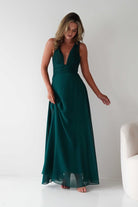Sara A-Line Chiffon Maxi Dress Emerald Green | Wedding Guest Dress | A-Line | Maxi | Oh Hello Clothing