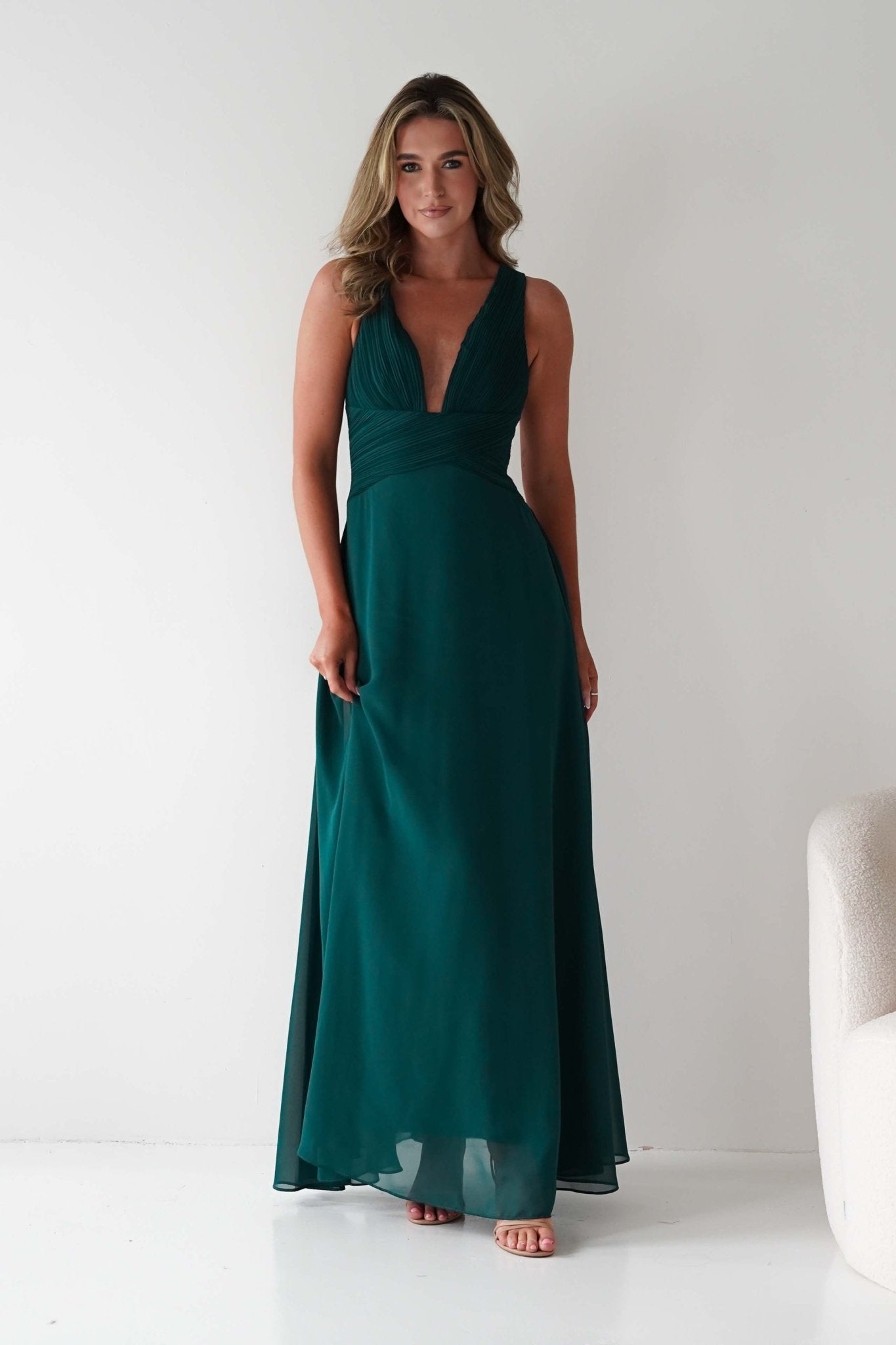 Sara A-Line Chiffon Maxi Dress Emerald Green | Wedding Guest Dress | A-Line | Maxi | Oh Hello Clothing