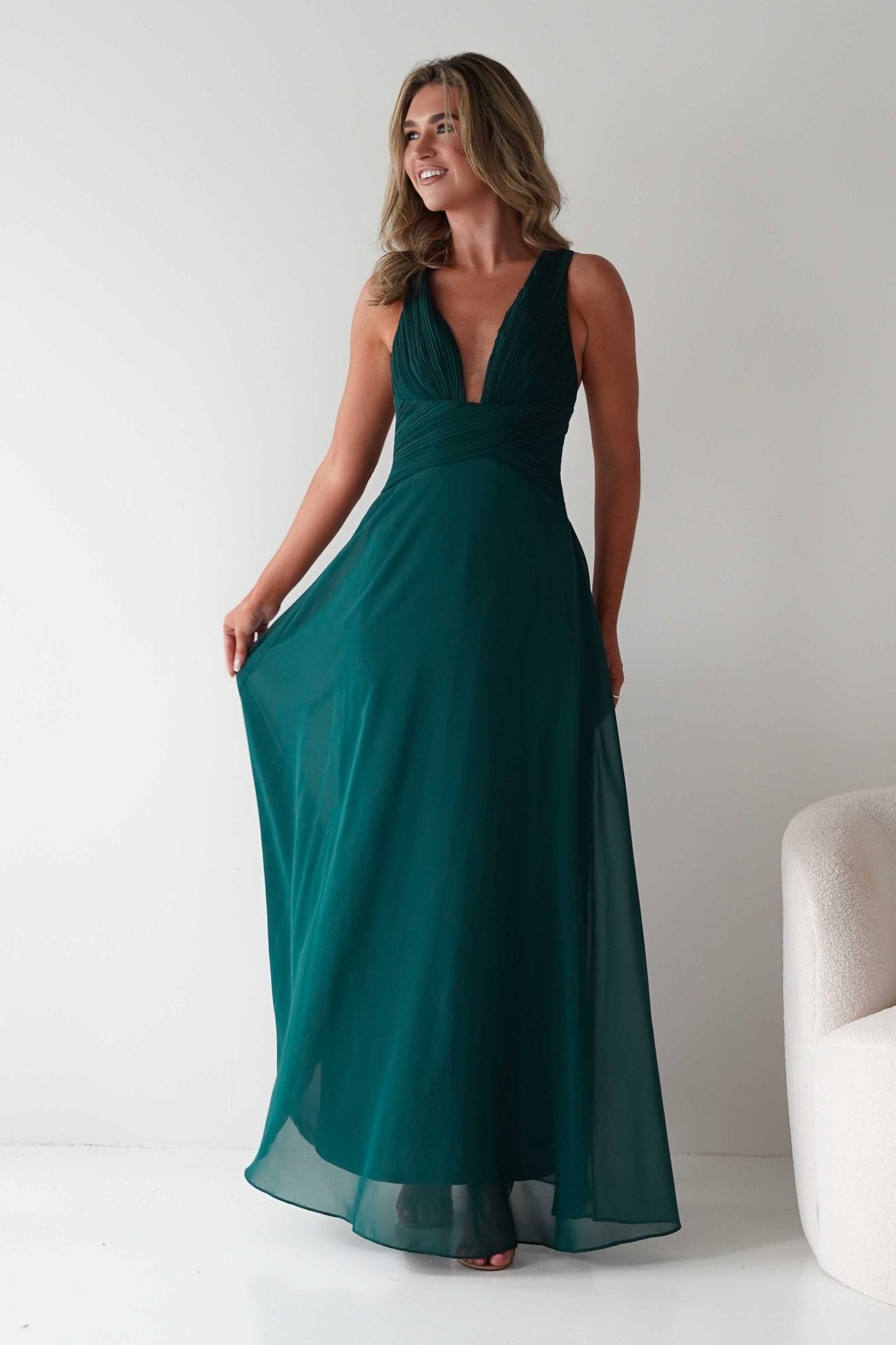 Sara A-Line Chiffon Maxi Dress Emerald Green | Wedding Guest Dress | A-Line | Maxi | Oh Hello Clothing