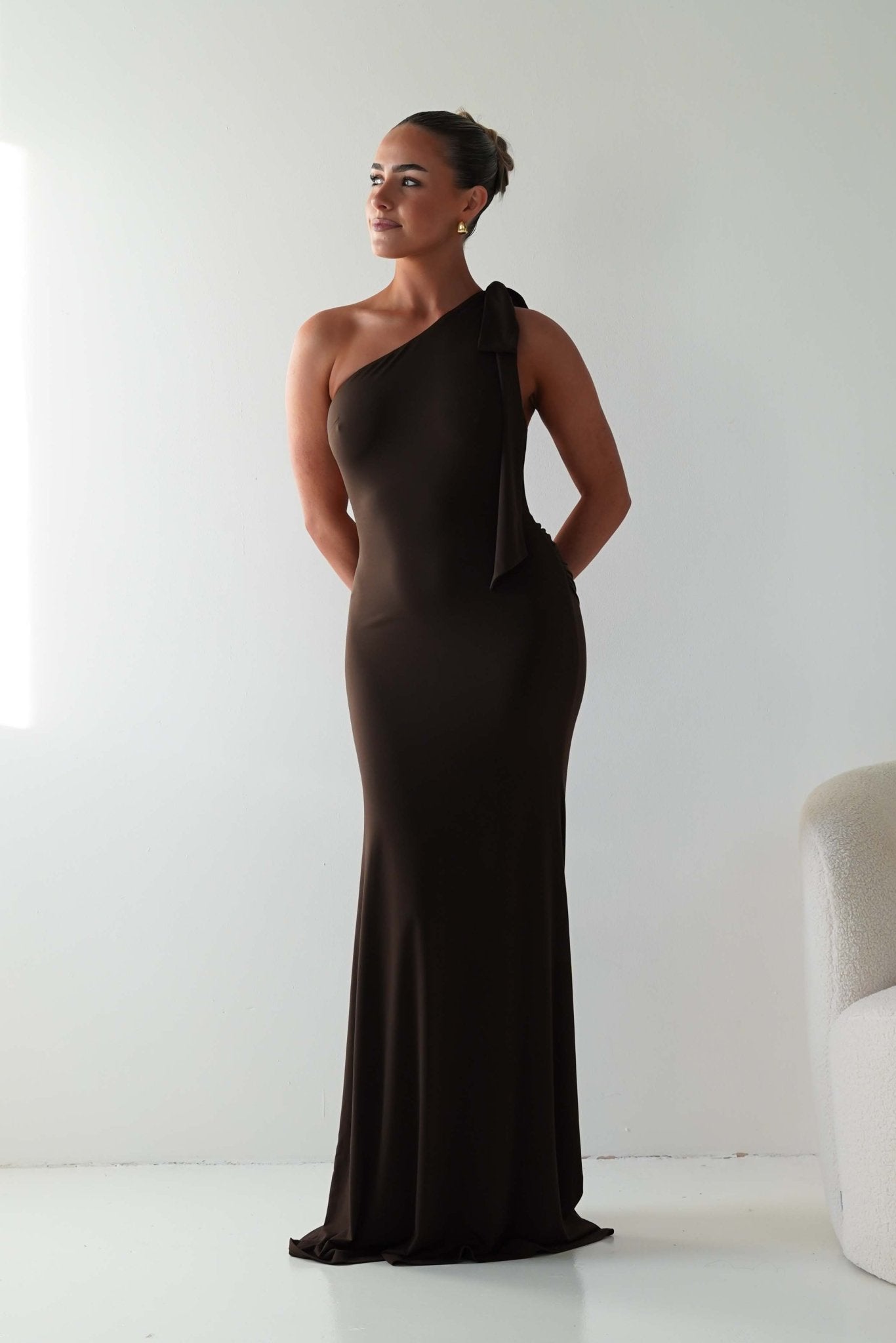Oh Hello Clothing Wedding Guest Dresses Seraphine Backless Tie Bodycon Maxi Gown | Brown