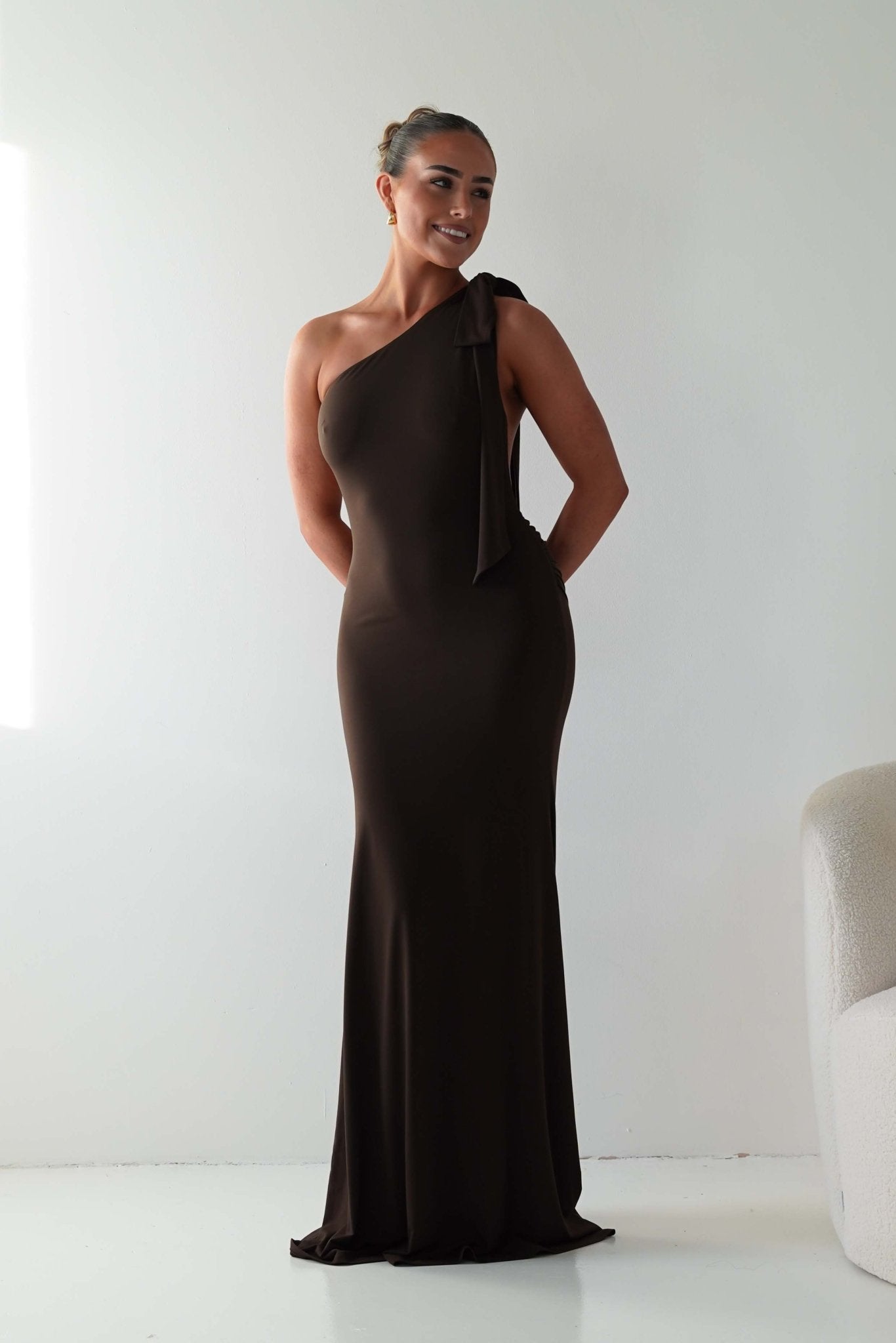 Oh Hello Clothing Wedding Guest Dresses Seraphine Backless Tie Bodycon Maxi Gown | Brown