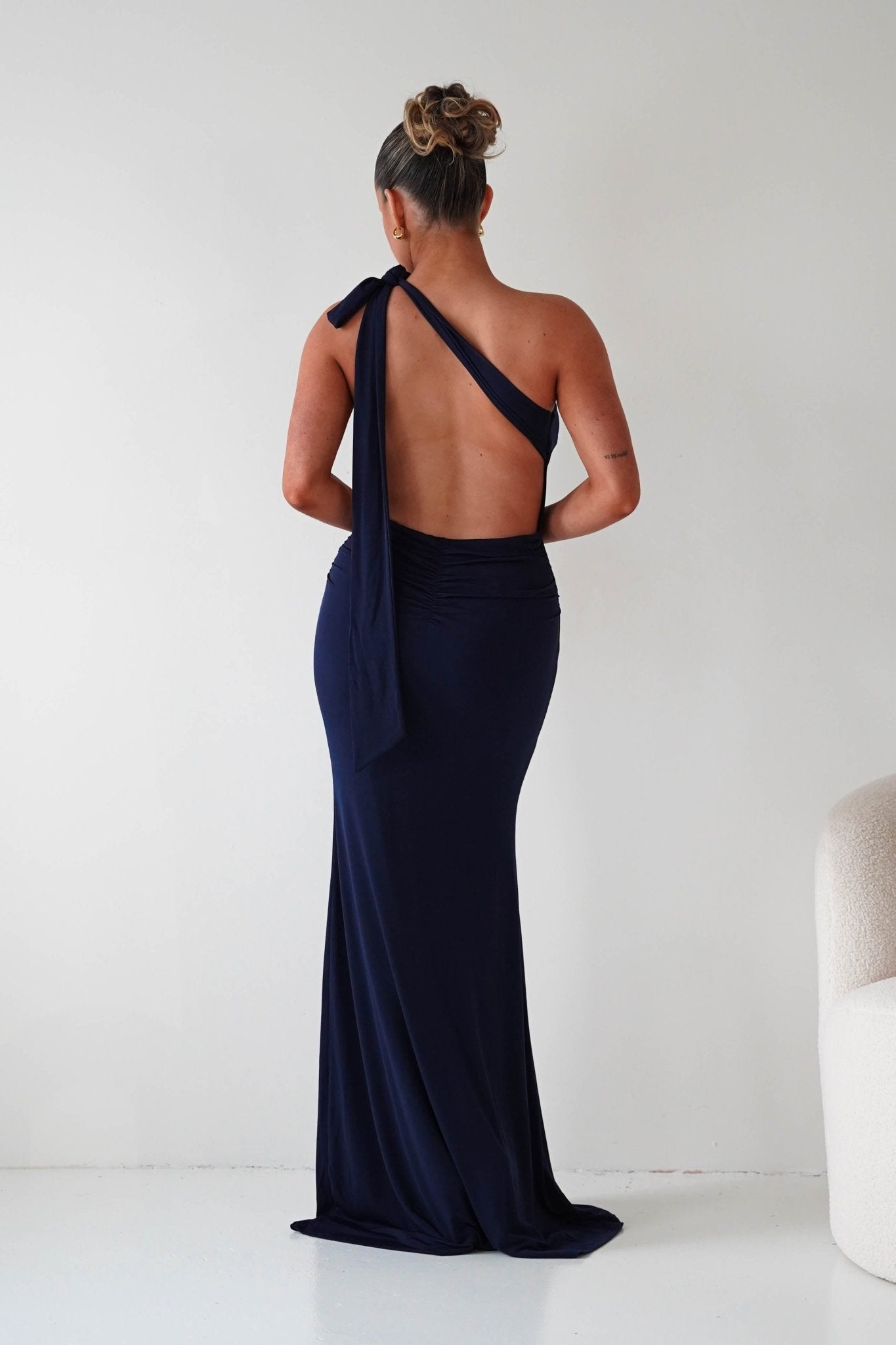 Oh Hello Clothing Wedding Guest Dresses Seraphine Backless Tie Bodycon Maxi Gown | Navy