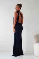 Oh Hello Clothing Wedding Guest Dresses Seraphine Backless Tie Bodycon Maxi Gown | Navy
