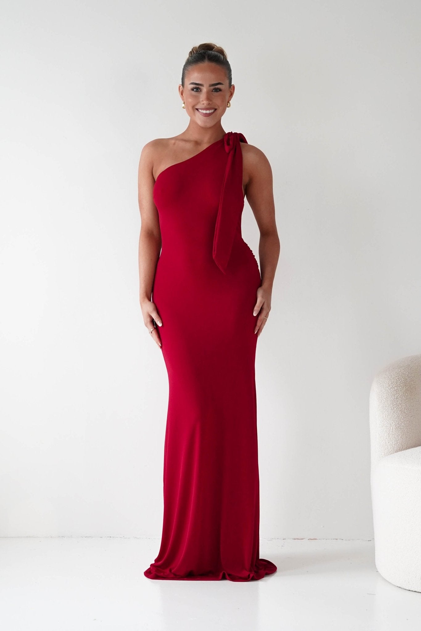 Oh Hello Clothing Wedding Guest Dresses Seraphine Backless Tie Bodycon Maxi Gown | Red