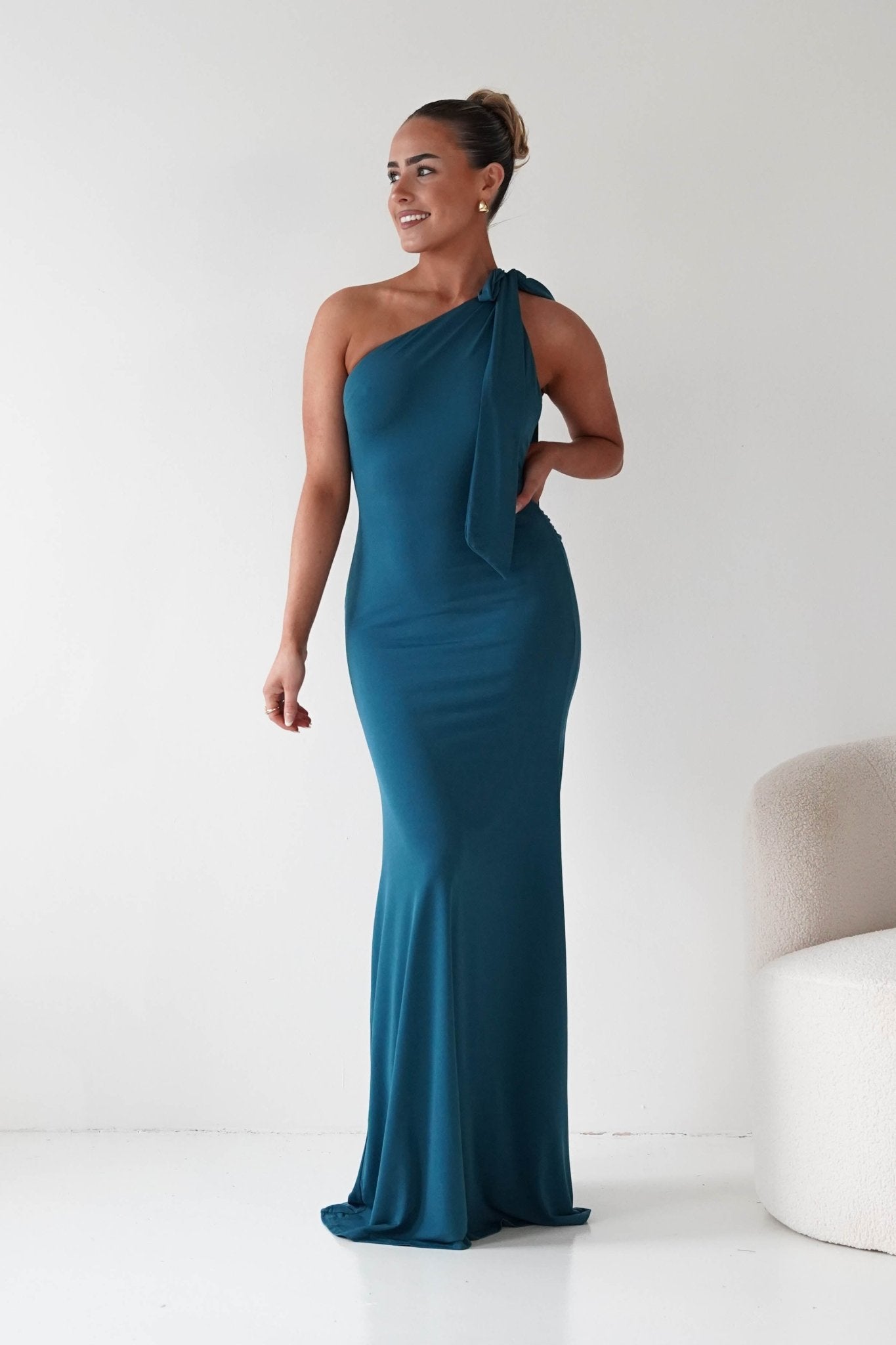 Oh Hello Clothing Debs & Prom Dresses Seraphine Backless Tie Bodycon Maxi Gown | Teal
