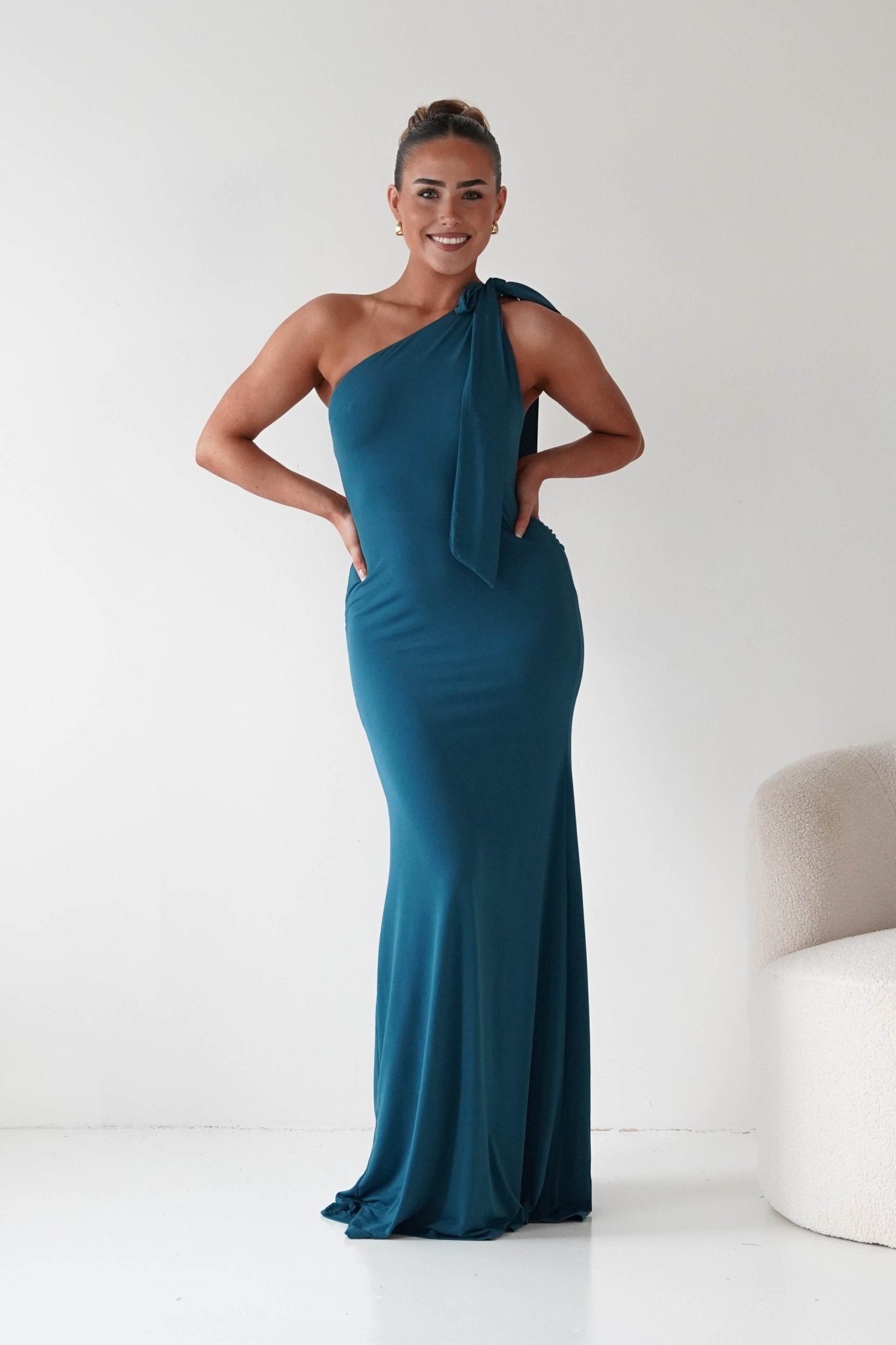 Oh Hello Clothing Debs & Prom Dresses Seraphine Backless Tie Bodycon Maxi Gown | Teal