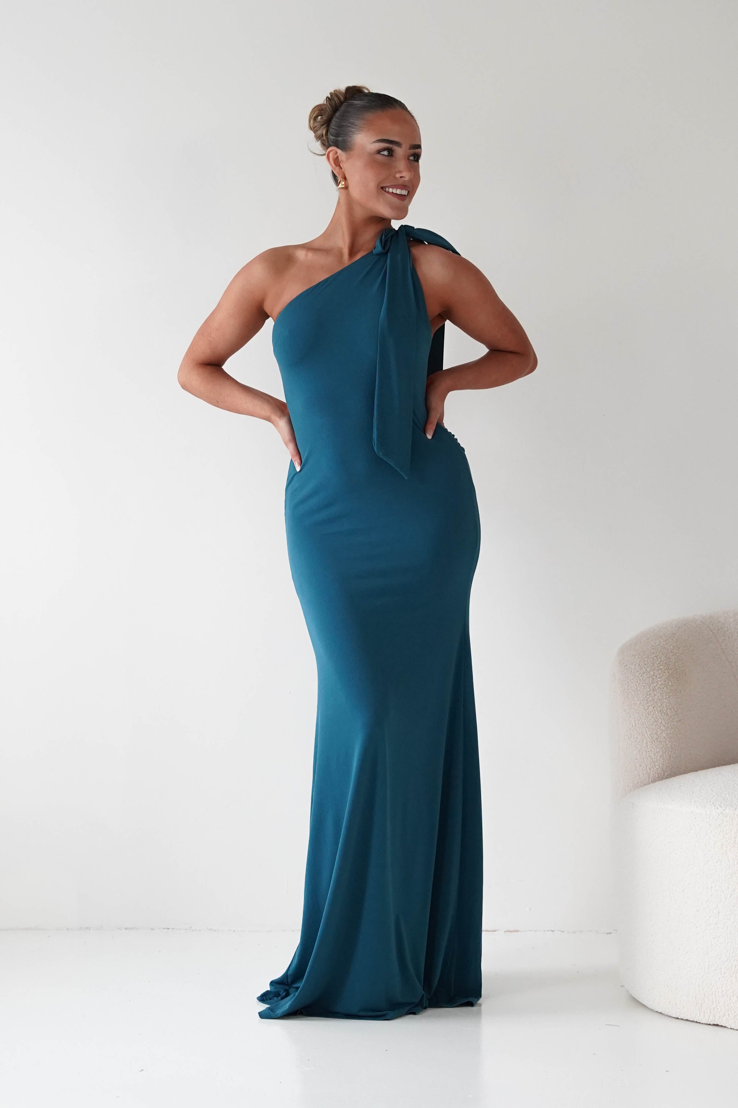 Oh Hello Clothing Debs & Prom Dresses Seraphine Backless Tie Bodycon Maxi Gown | Teal