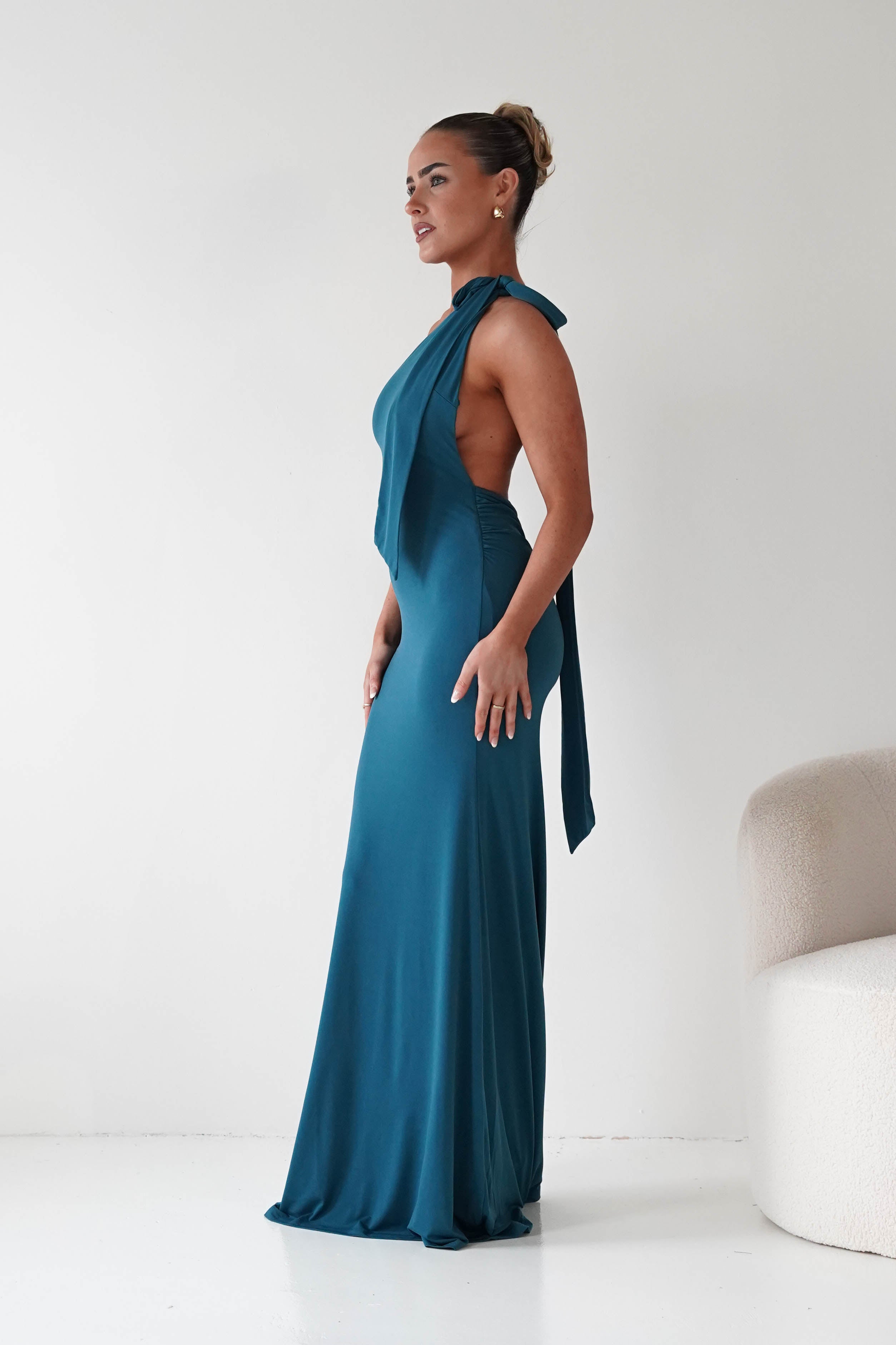 Oh Hello Clothing Debs & Prom Dresses Seraphine Backless Tie Bodycon Maxi Gown | Teal