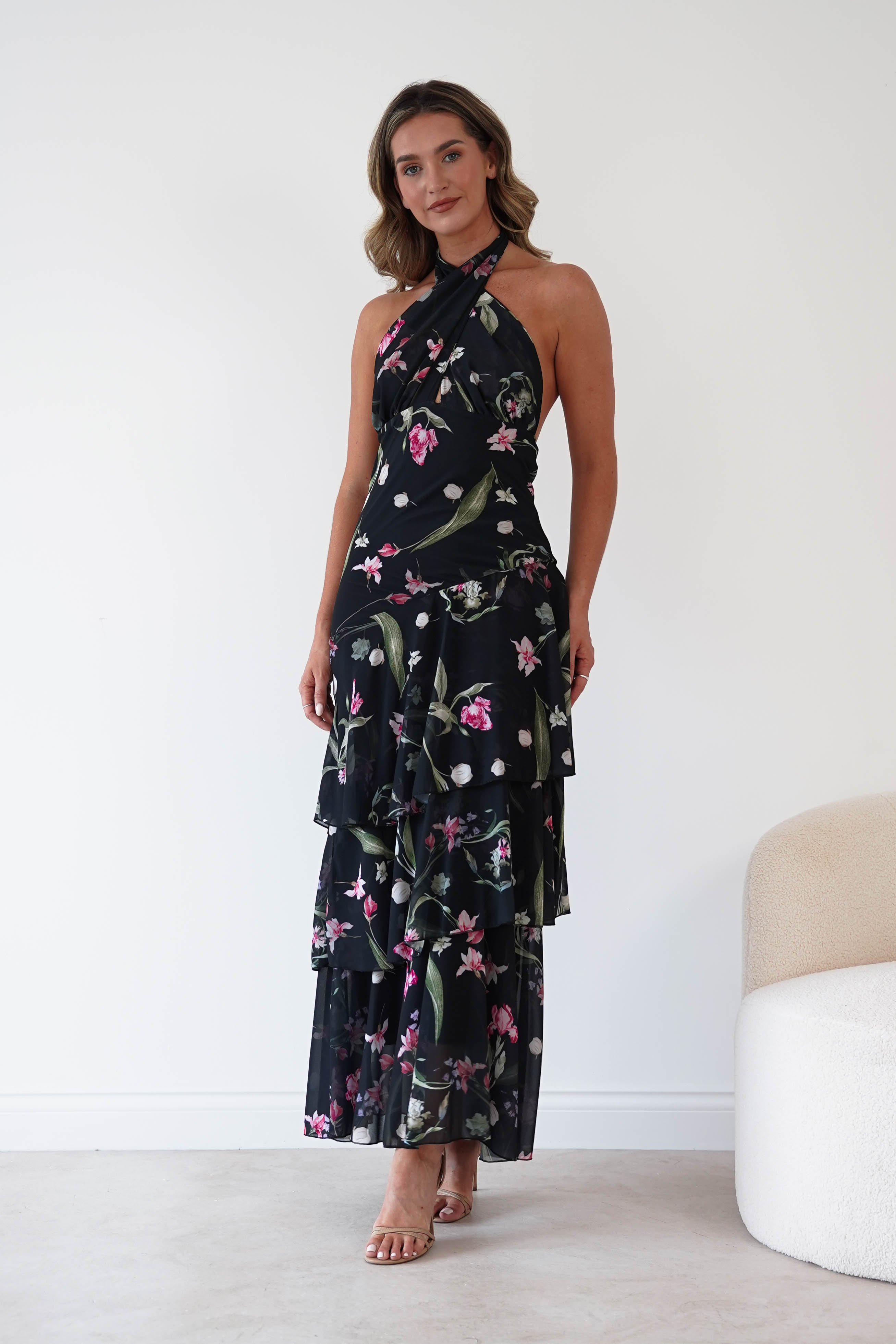 Oh Hello Clothing Women > Clothing > Dresses Seren Floral Print Halterneck Maxi Dress | Black