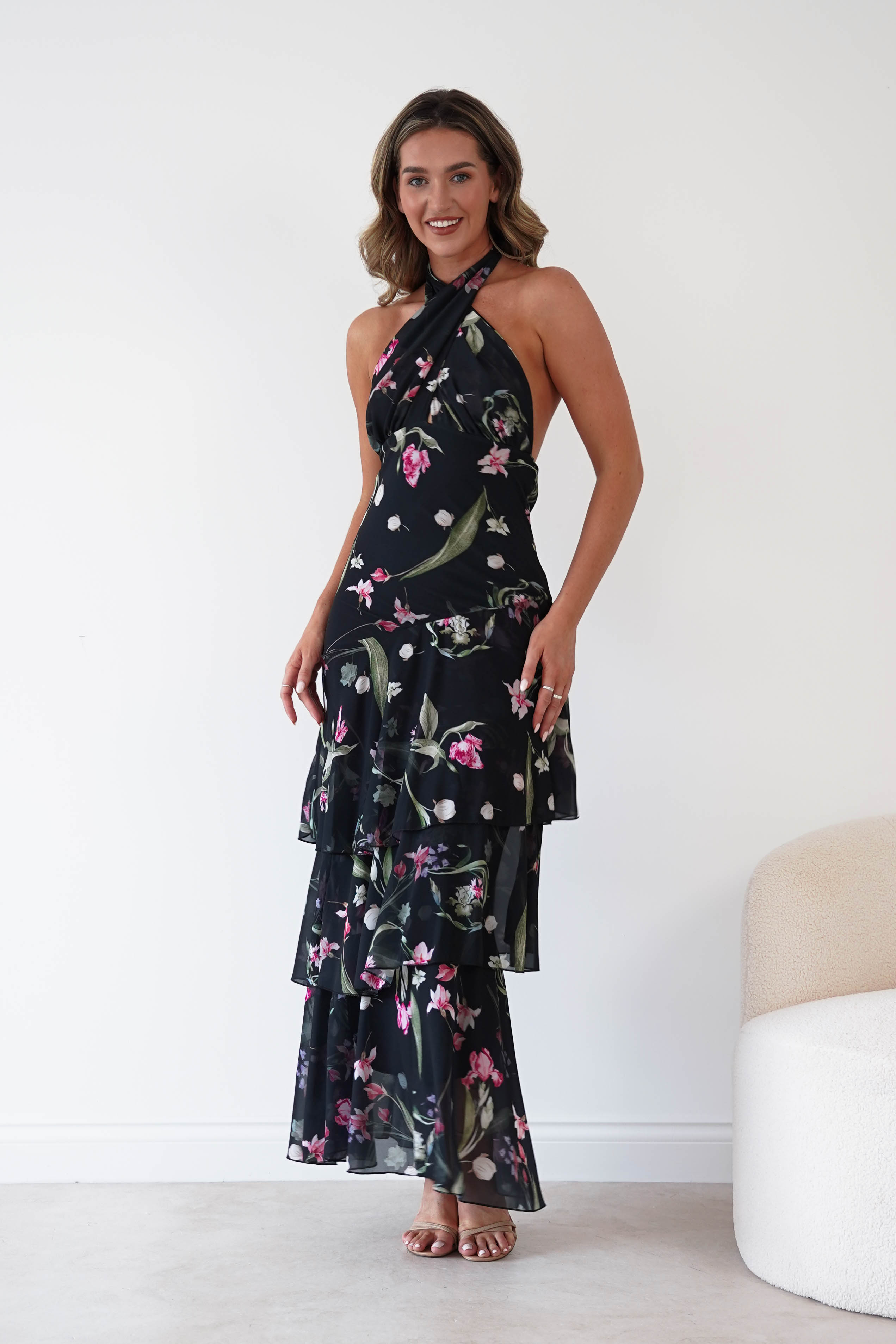 Oh Hello Clothing Women > Clothing > Dresses Seren Floral Print Halterneck Maxi Dress | Black