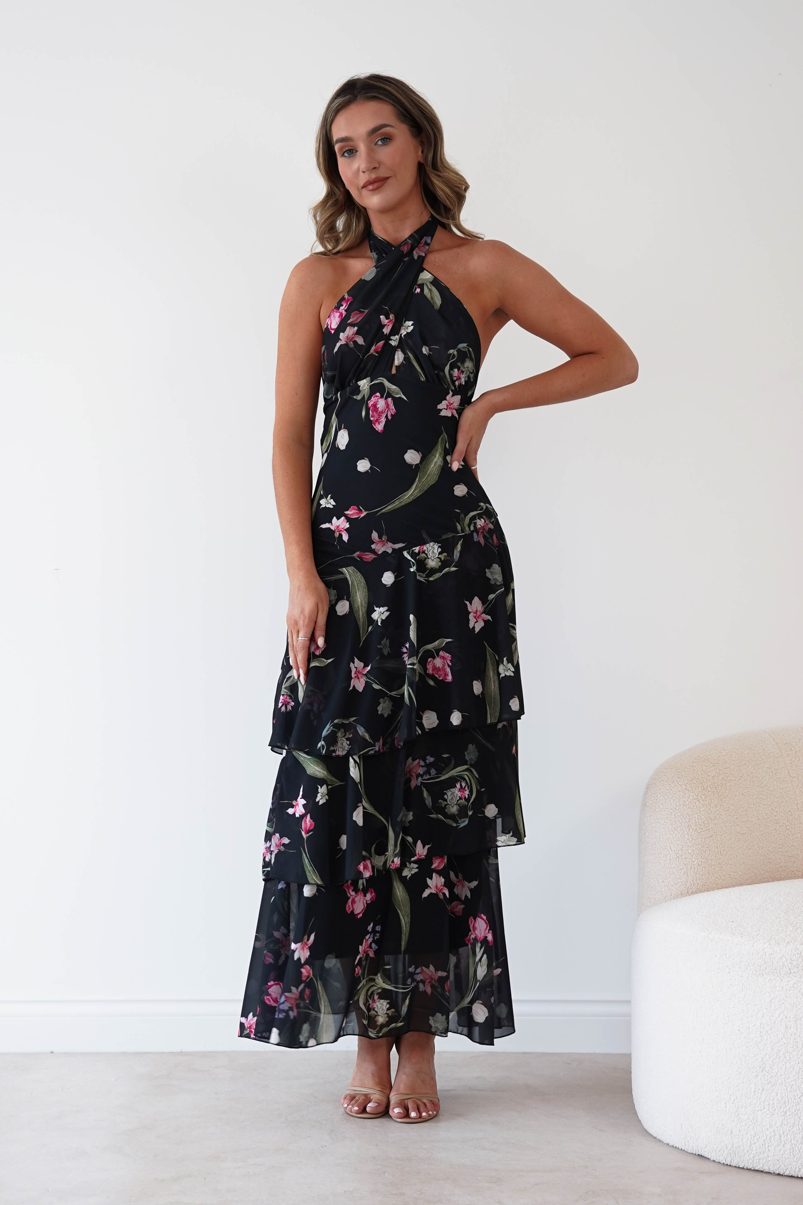 Oh Hello Clothing Women > Clothing > Dresses Seren Floral Print Halterneck Maxi Dress | Black