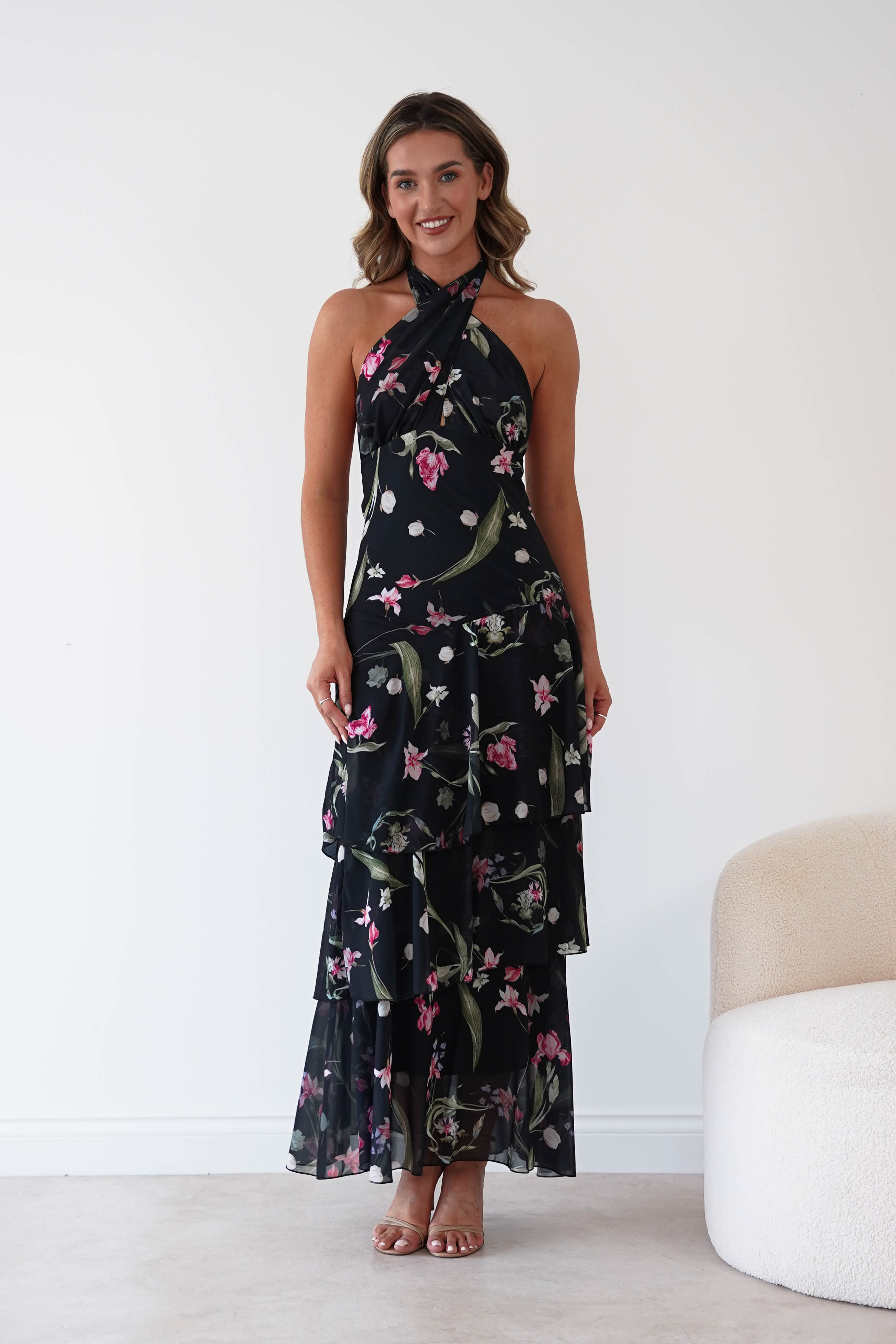 Oh Hello Clothing Women > Clothing > Dresses Seren Floral Print Halterneck Maxi Dress | Black
