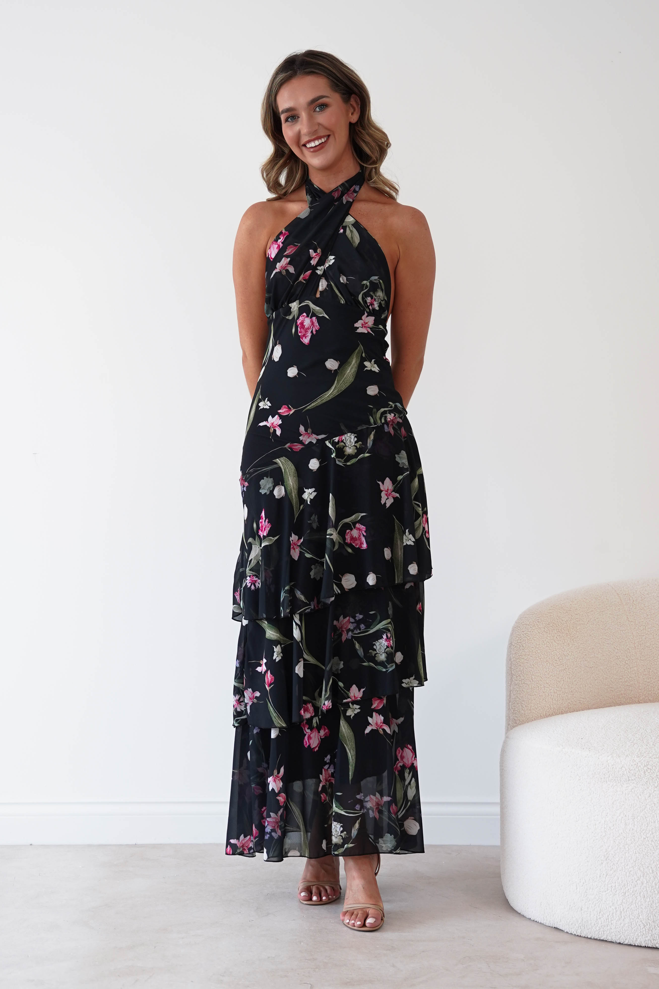Oh Hello Clothing Women > Clothing > Dresses Seren Floral Print Halterneck Maxi Dress | Black