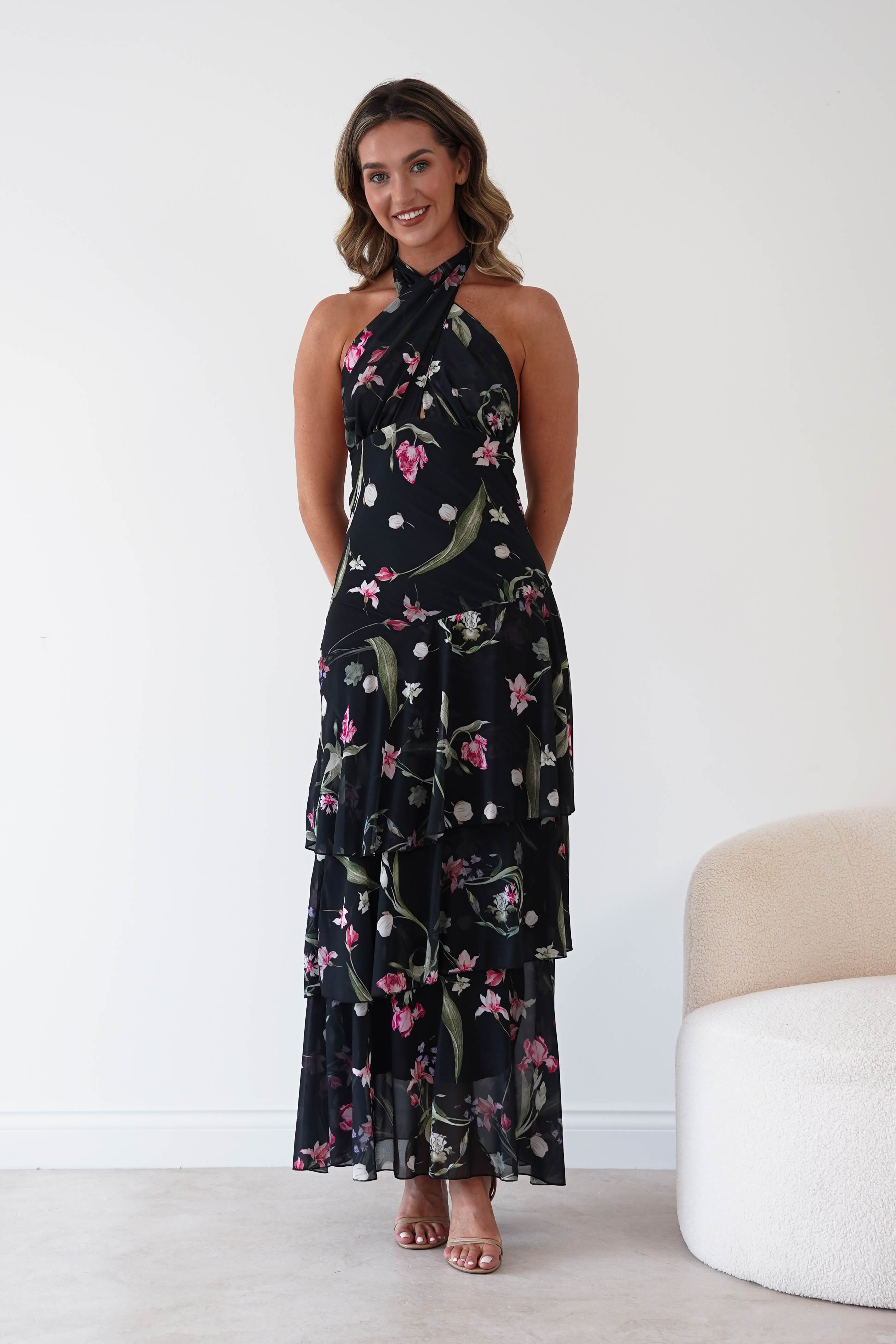 Oh Hello Clothing Women > Clothing > Dresses Seren Floral Print Halterneck Maxi Dress | Black