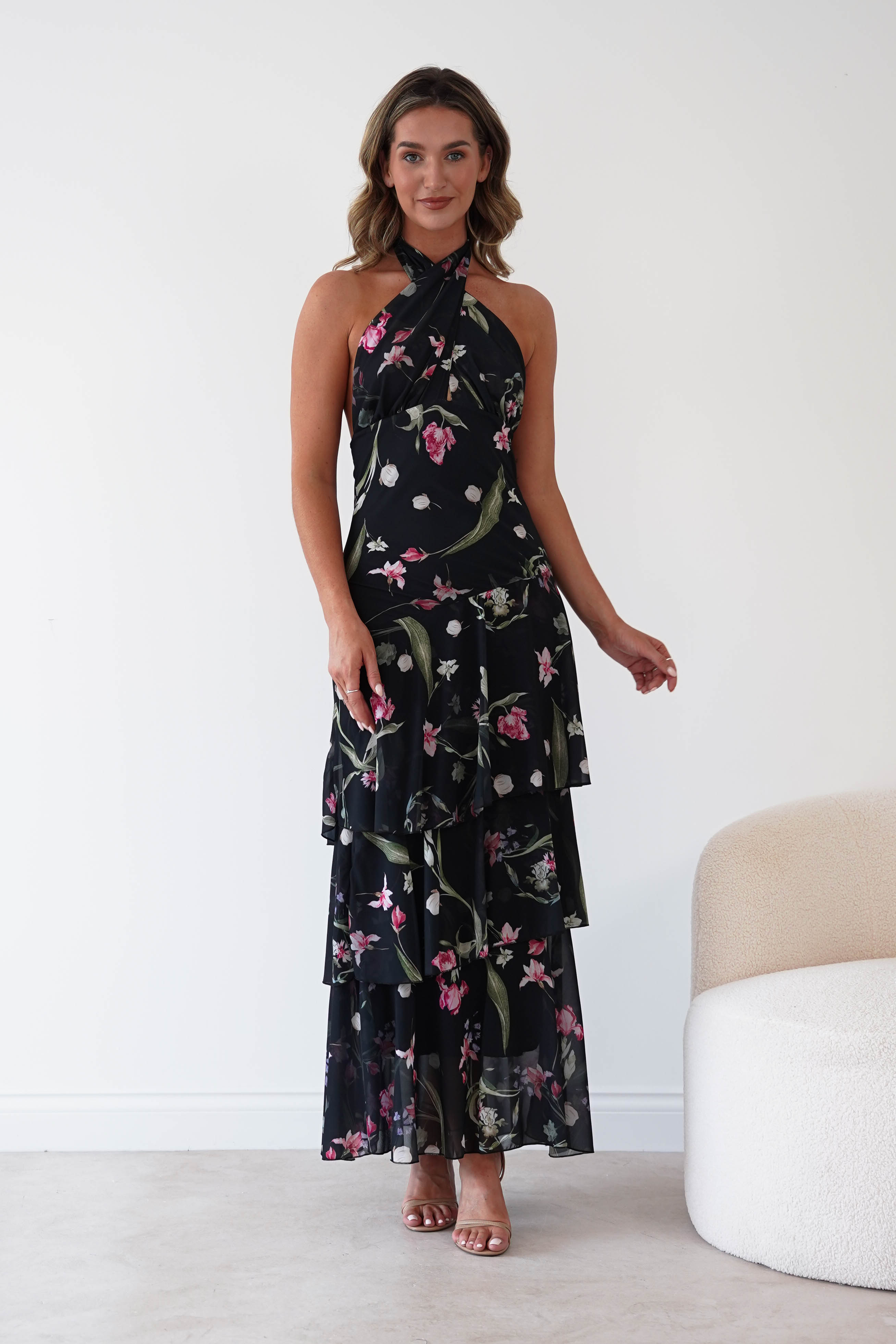 Oh Hello Clothing Women > Clothing > Dresses Seren Floral Print Halterneck Maxi Dress | Black