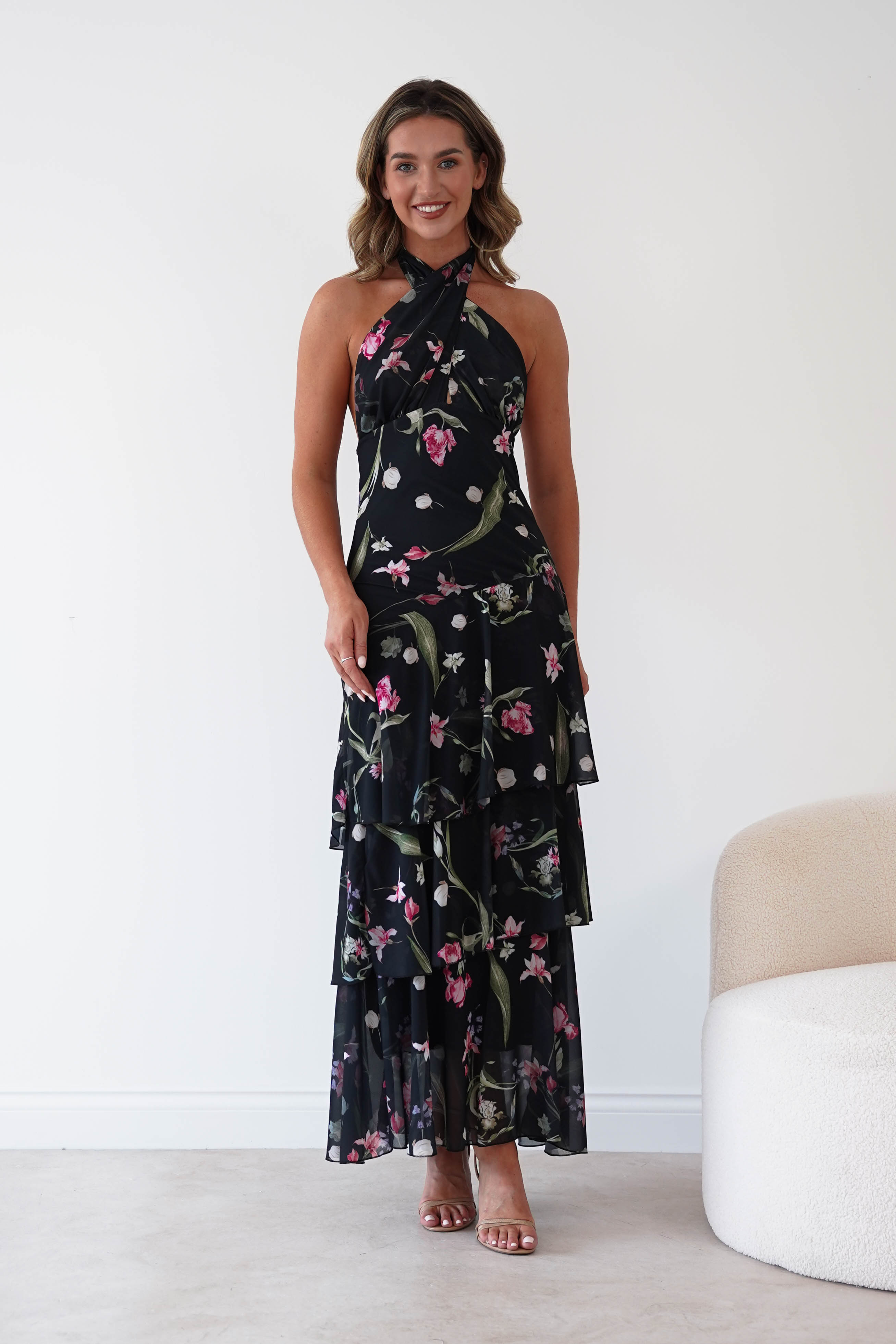 Oh Hello Clothing Women > Clothing > Dresses Seren Floral Print Halterneck Maxi Dress | Black