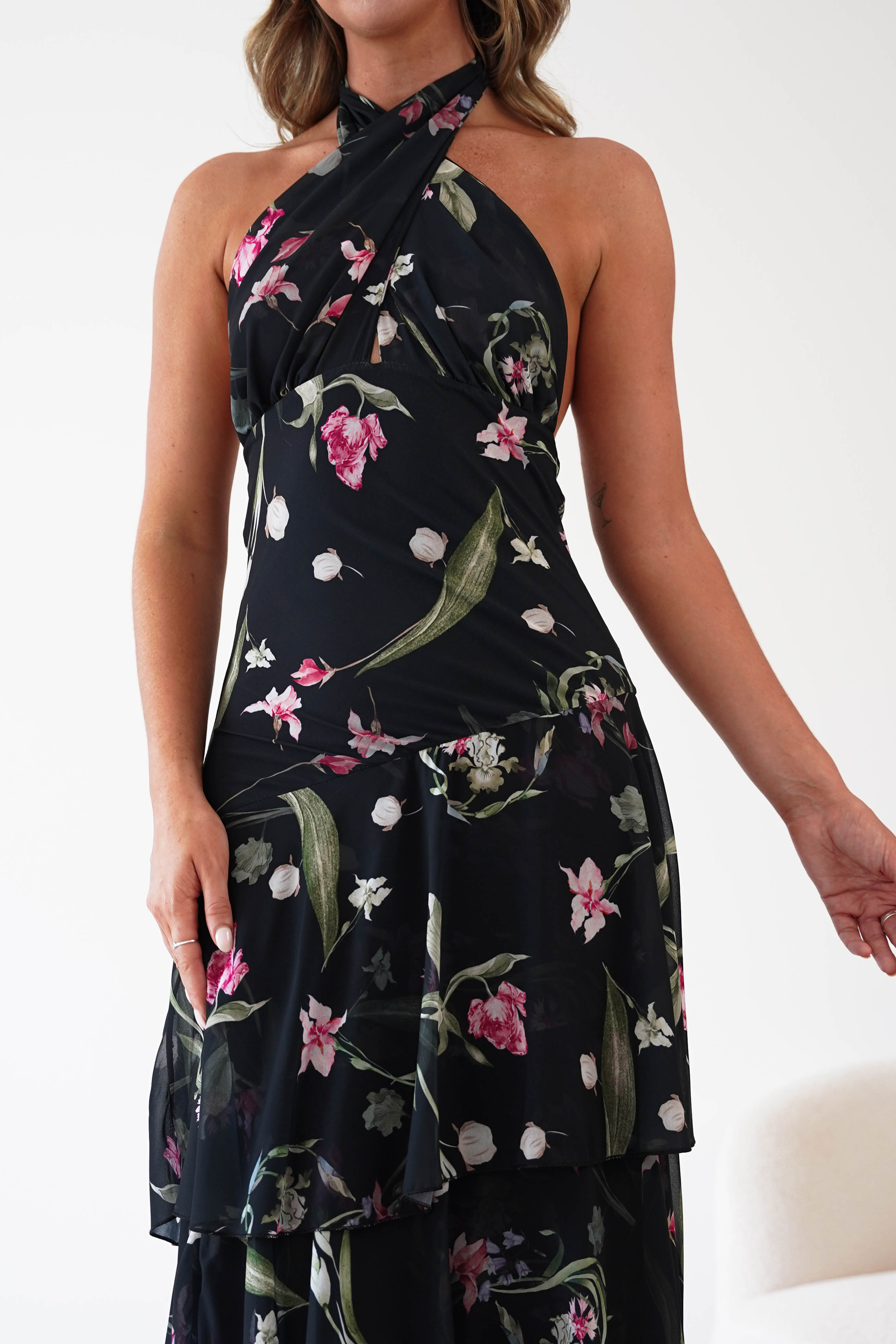 Oh Hello Clothing Women > Clothing > Dresses Seren Floral Print Halterneck Maxi Dress | Black