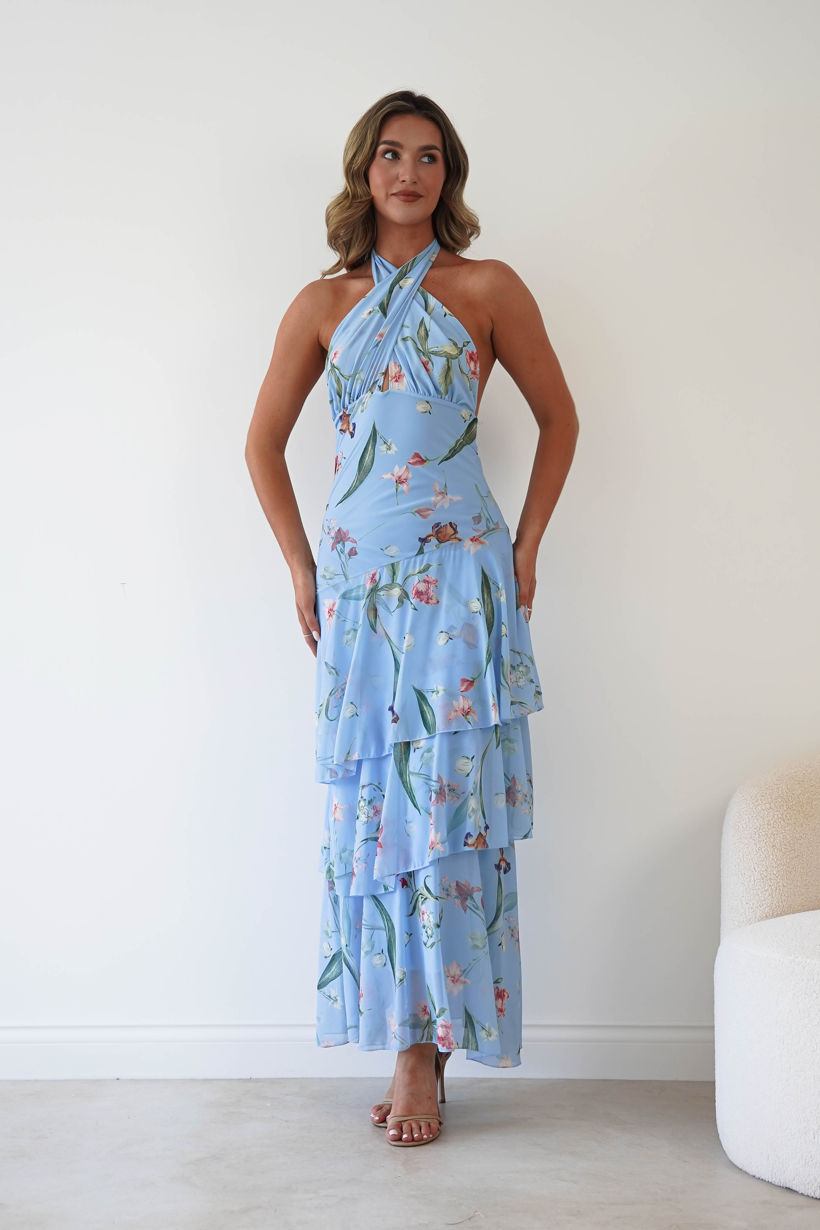 Oh Hello Clothing Women > Clothing > Dresses Seren Floral Print Halterneck Maxi Dress | Blue