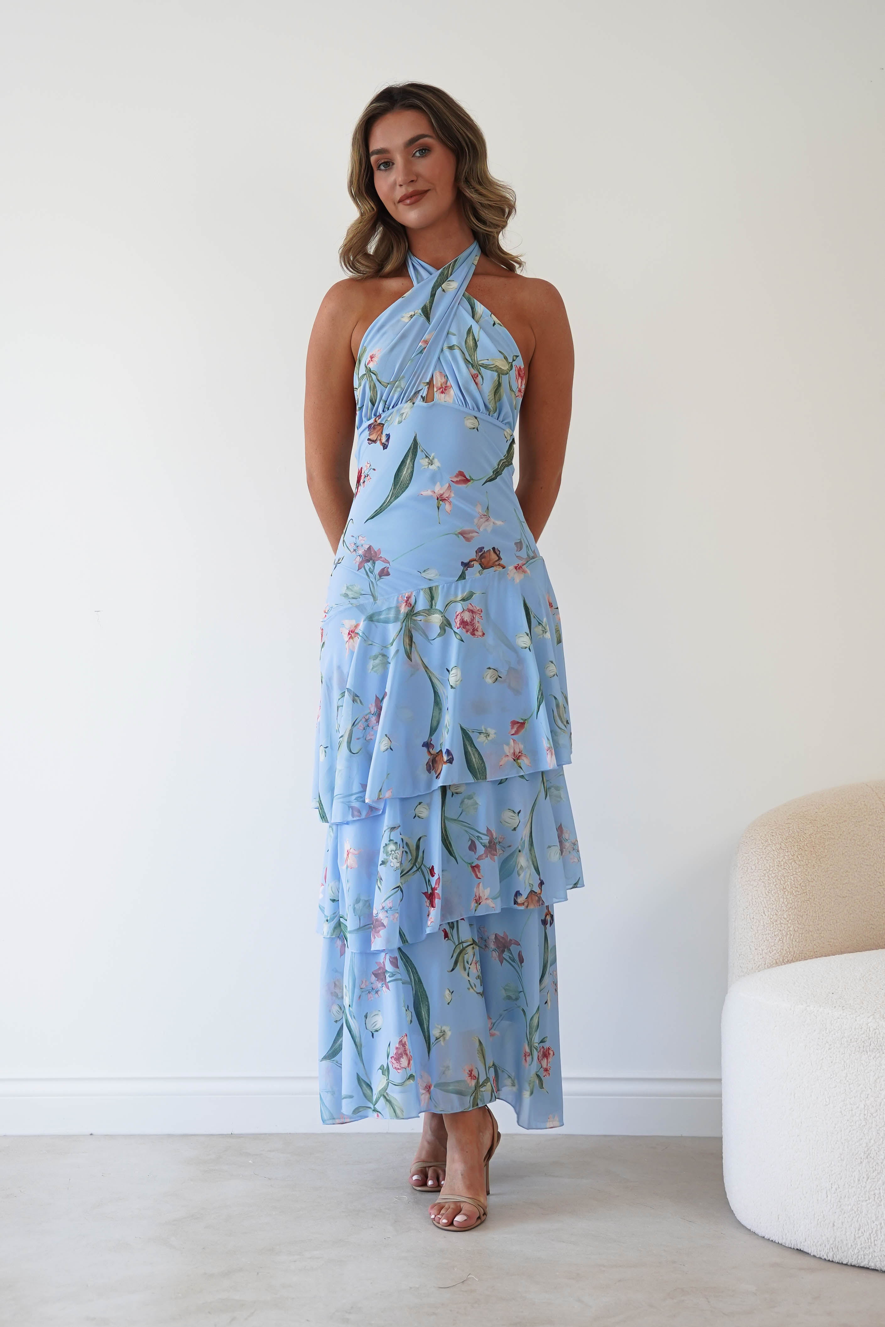 Oh Hello Clothing Women > Clothing > Dresses Seren Floral Print Halterneck Maxi Dress | Blue