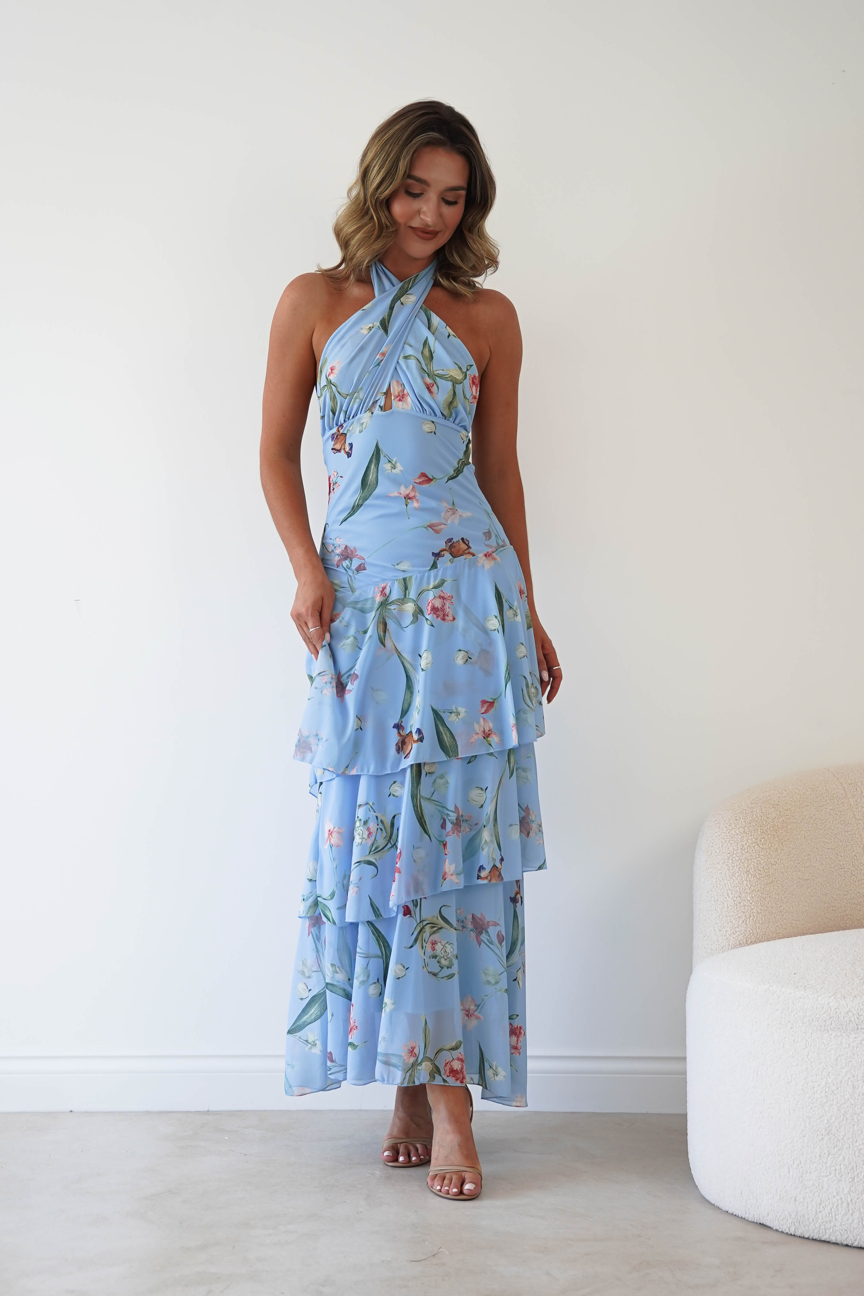 Oh Hello Clothing Women > Clothing > Dresses Seren Floral Print Halterneck Maxi Dress | Blue