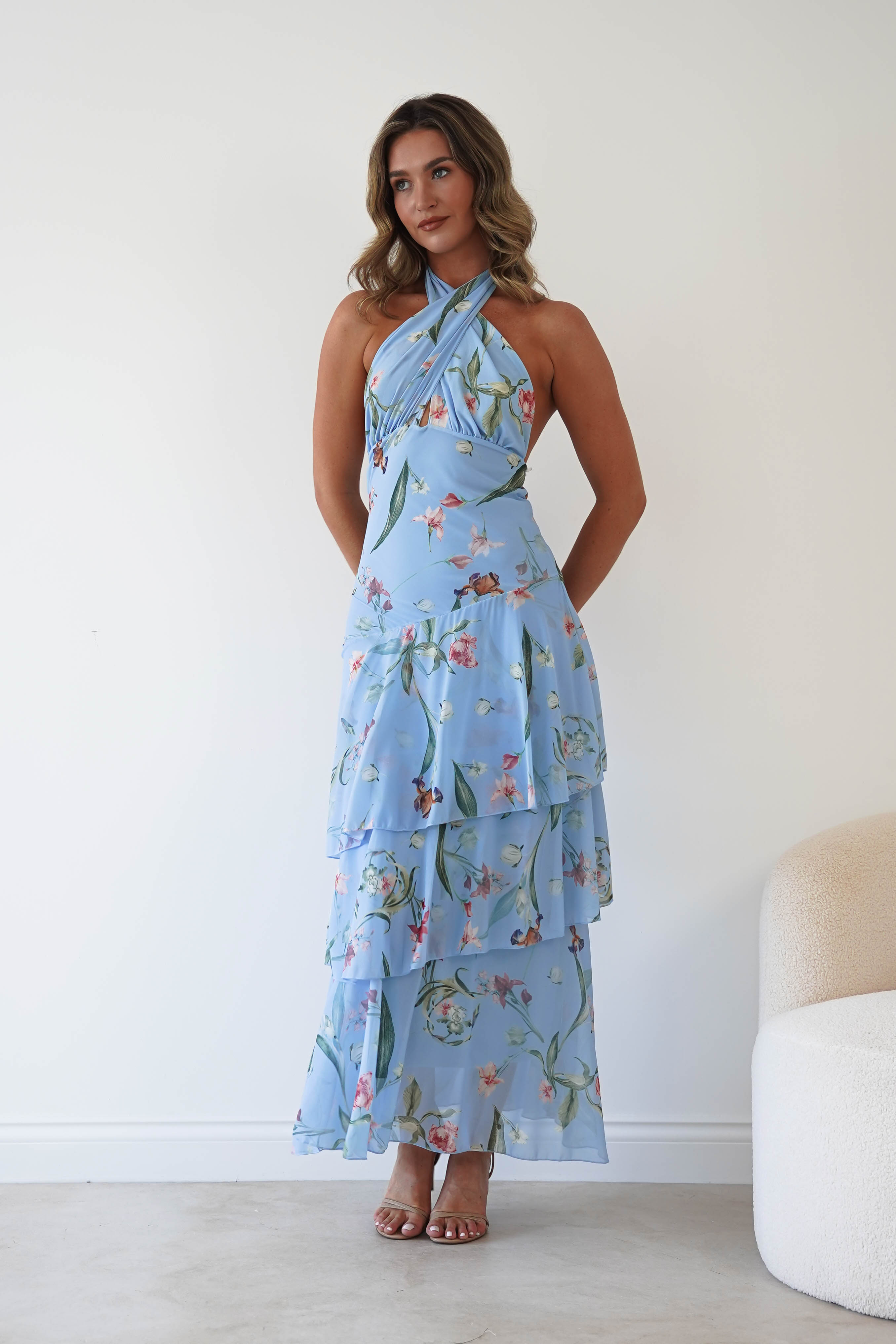 Oh Hello Clothing Women > Clothing > Dresses Seren Floral Print Halterneck Maxi Dress | Blue