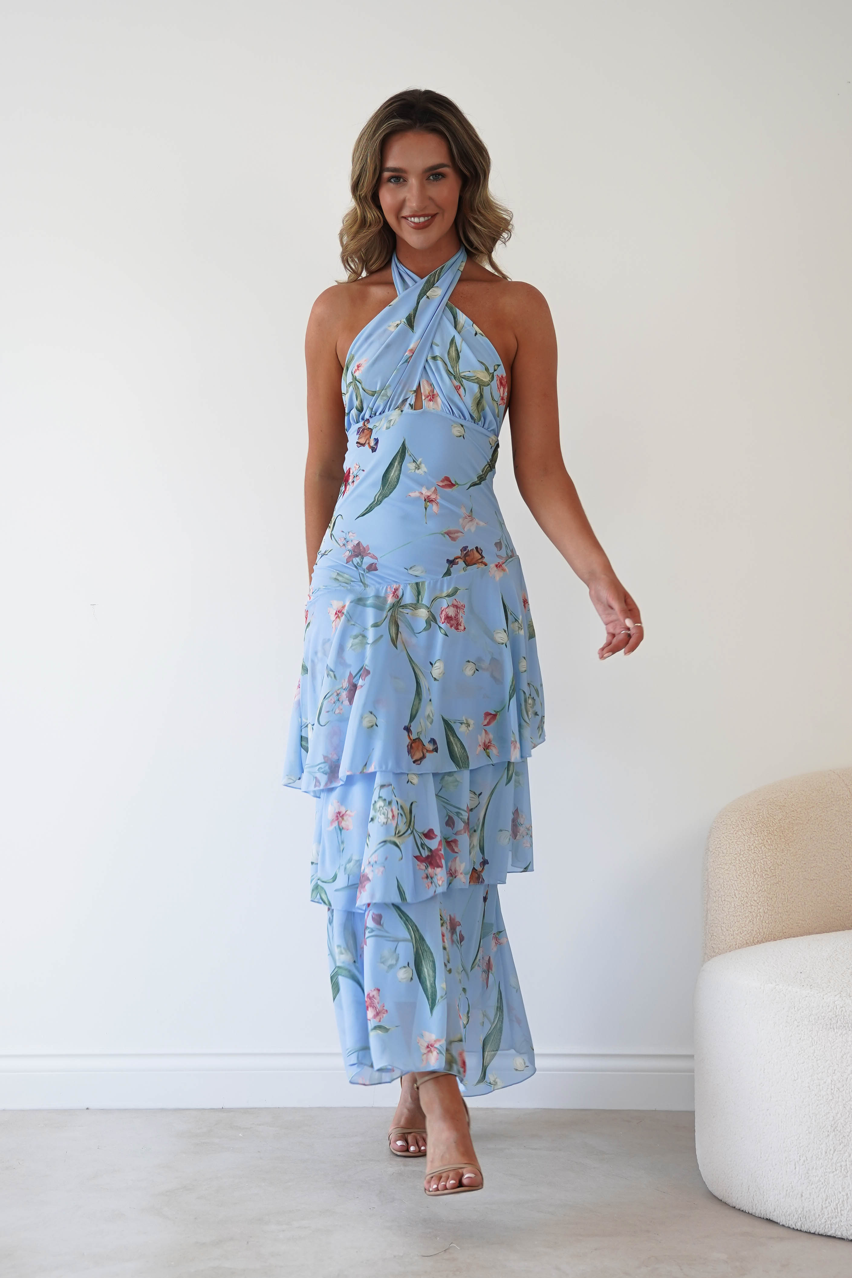Oh Hello Clothing Women > Clothing > Dresses Seren Floral Print Halterneck Maxi Dress | Blue