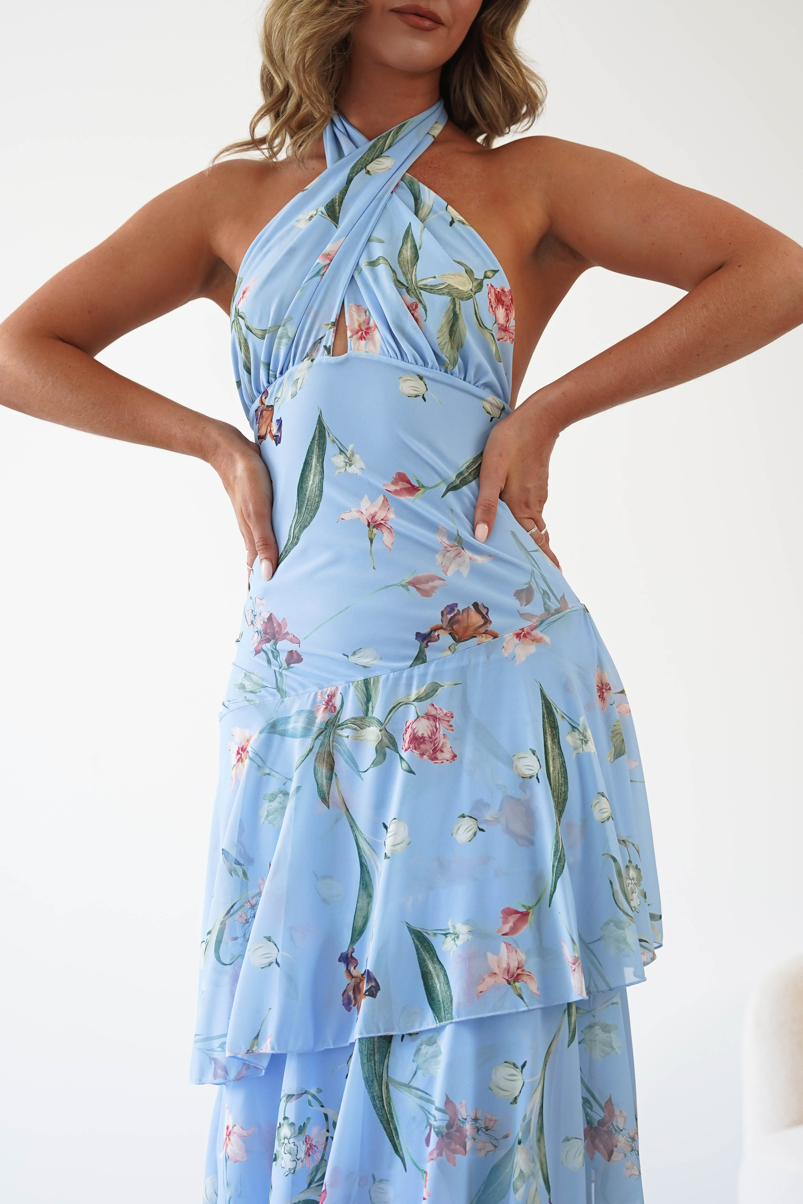 Oh Hello Clothing Women > Clothing > Dresses Seren Floral Print Halterneck Maxi Dress | Blue