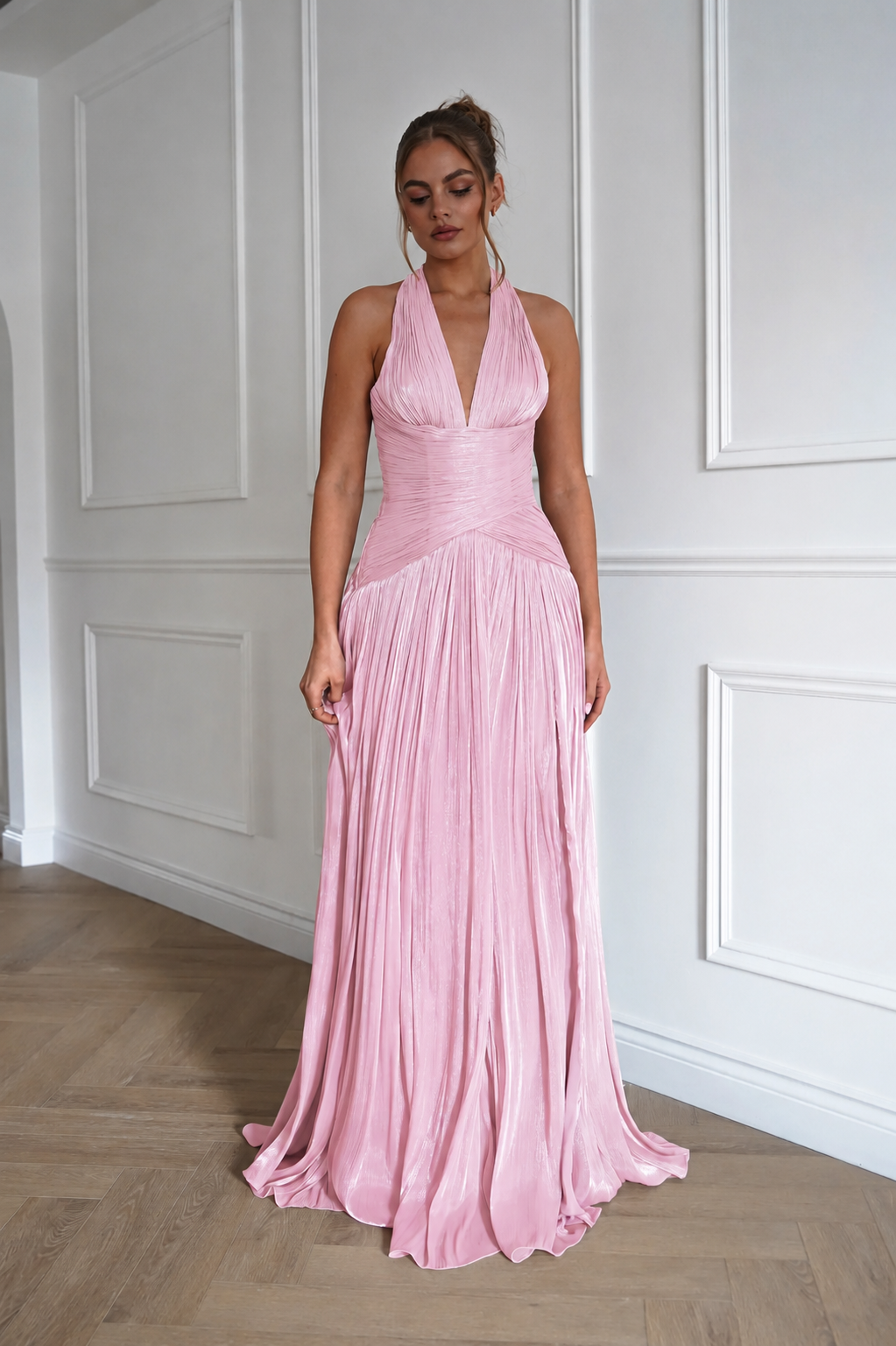 Oh Hello Clothing Dresses > Prom Dresses Sharelle Pleated Luminescent Maxi Gown | Pink
