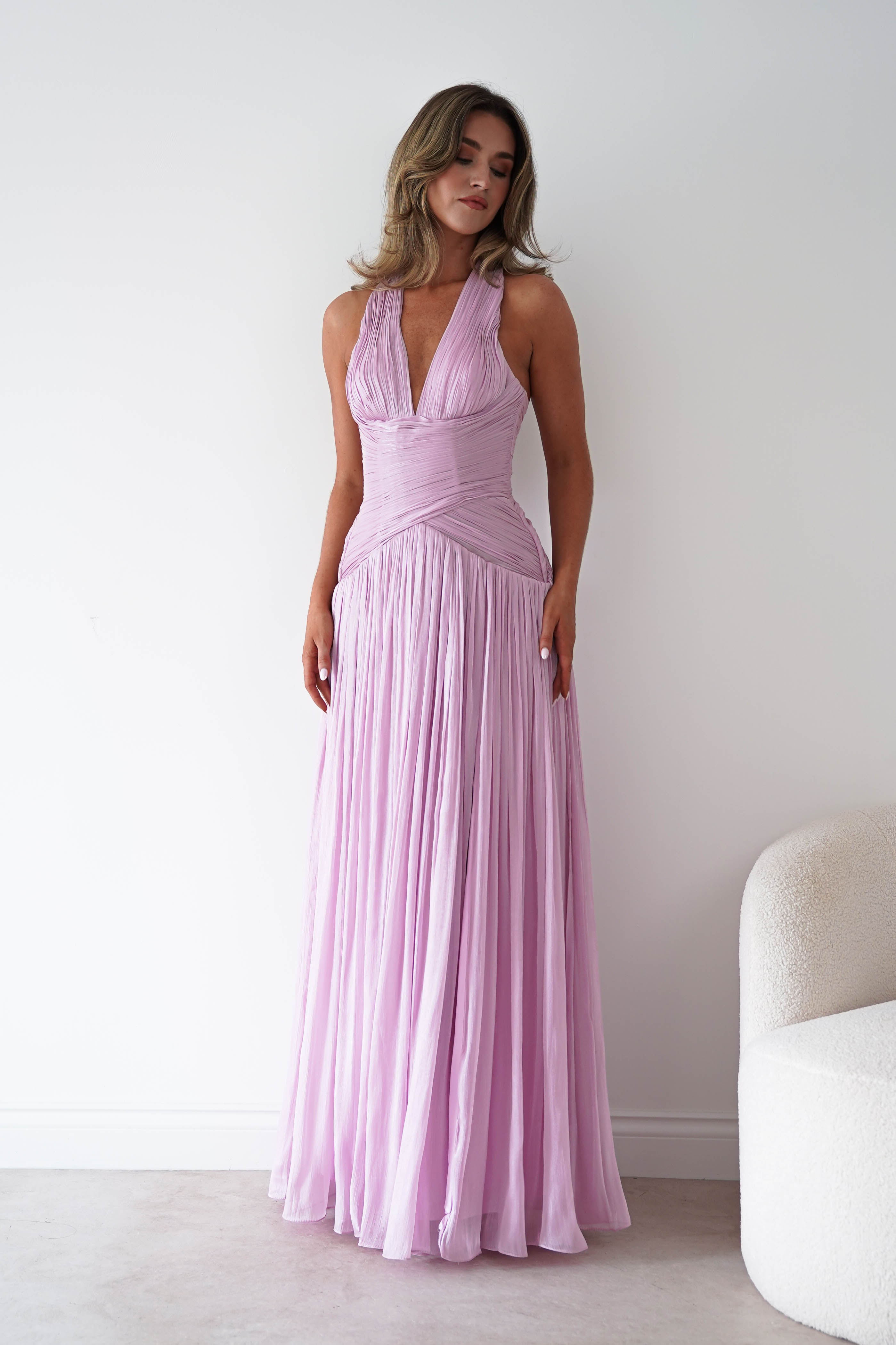 Oh Hello Clothing Dresses > Prom Dresses Sharelle Pleated Luminescent Maxi Gown | Pink