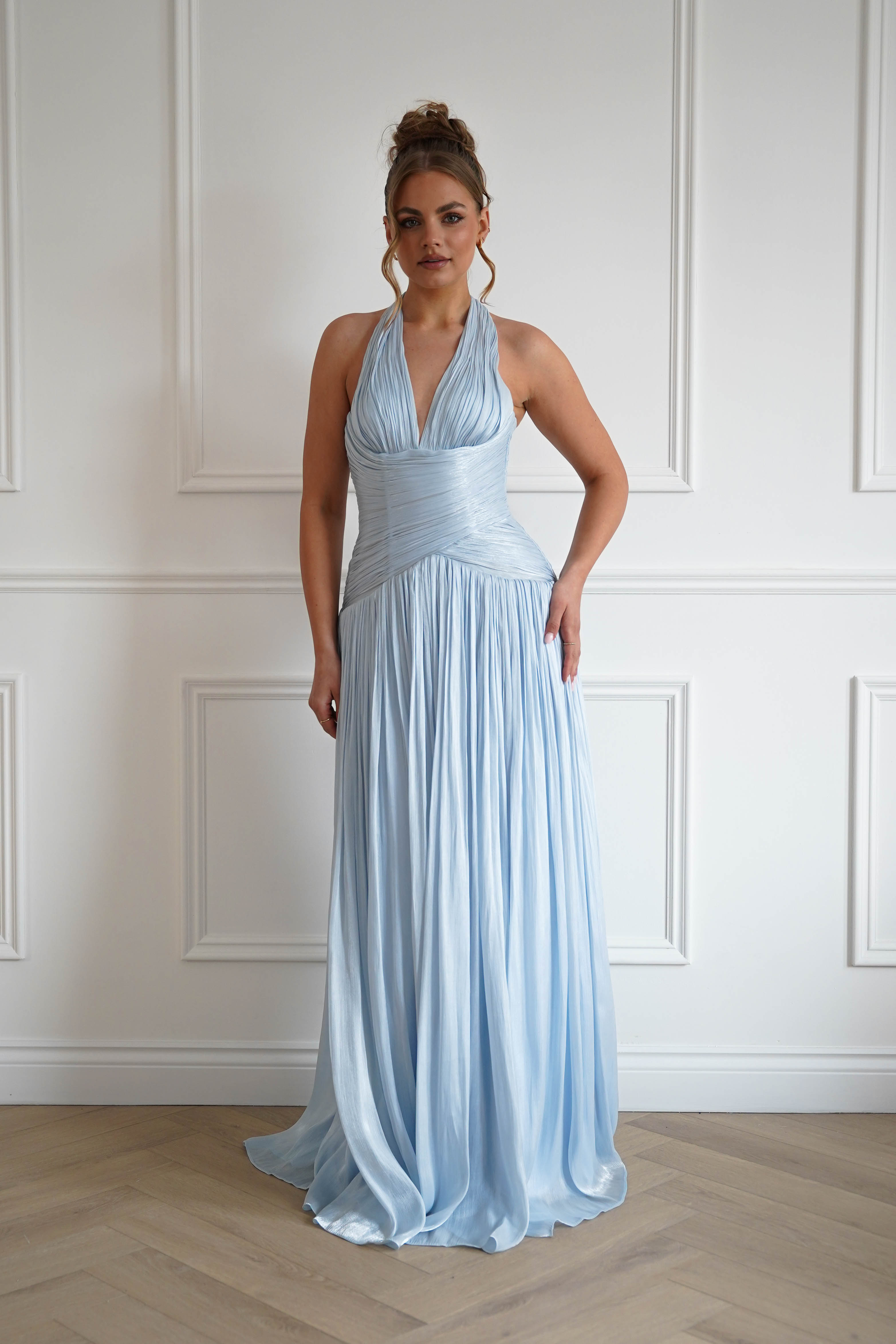 Oh Hello Clothing Dresses > Prom Dresses Sharelle Pleated Luminescent Maxi Gown | Sky Blue