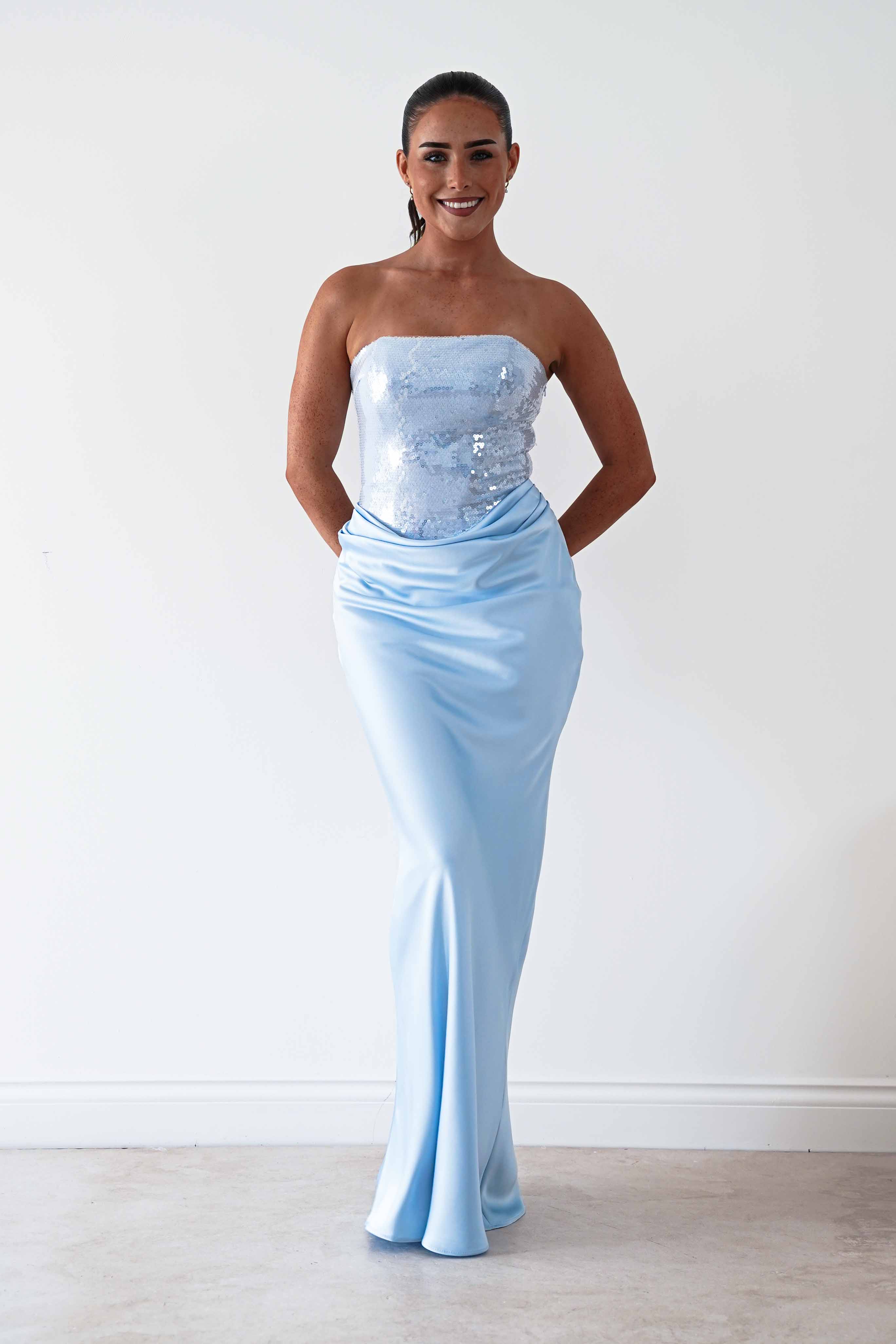 Oh Hello Clothing Dresses > Prom Dresses Sienne Strapless Sequin Satin Maxi Dress | Blue
