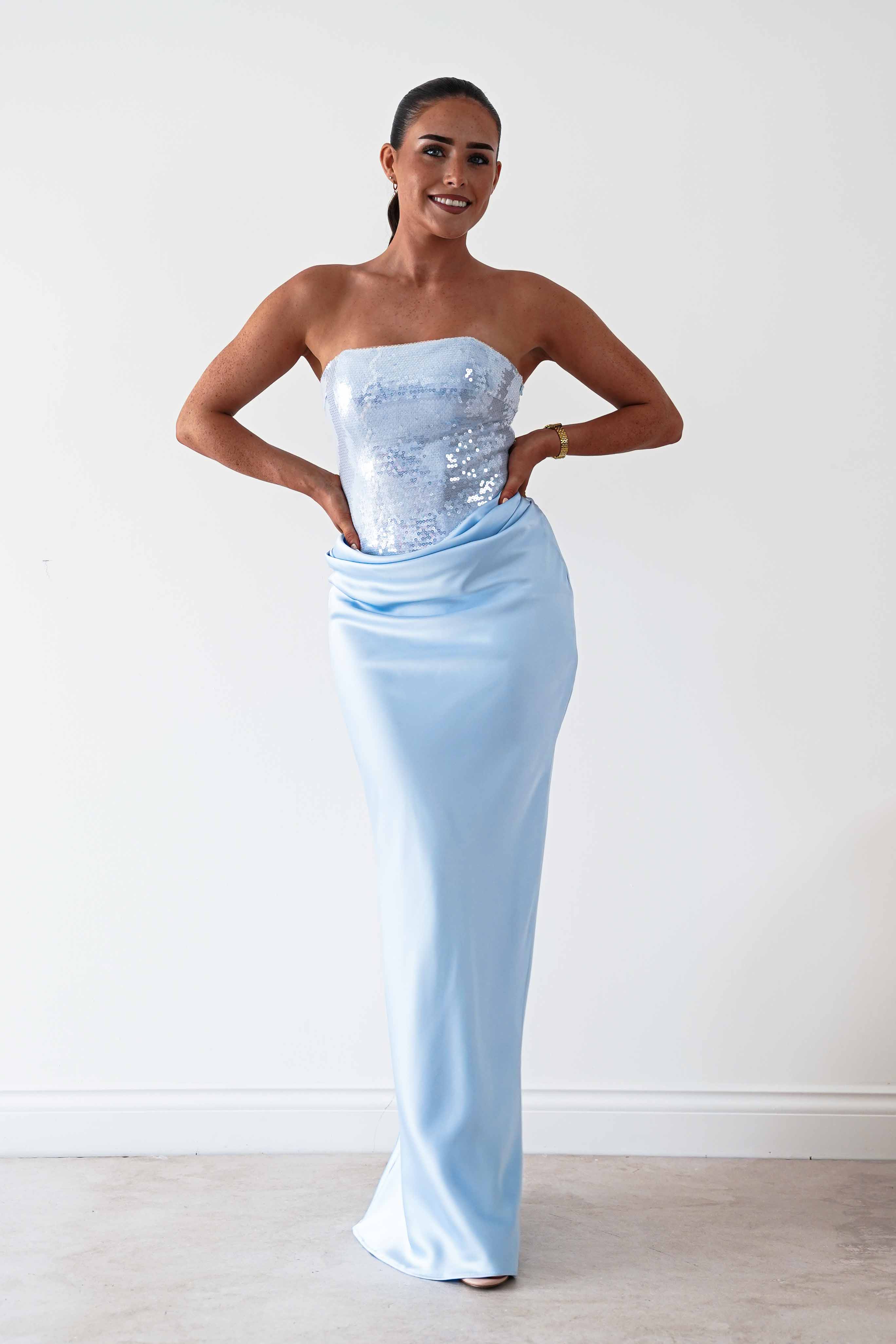 Oh Hello Clothing Dresses > Prom Dresses Sienne Strapless Sequin Satin Maxi Dress | Blue