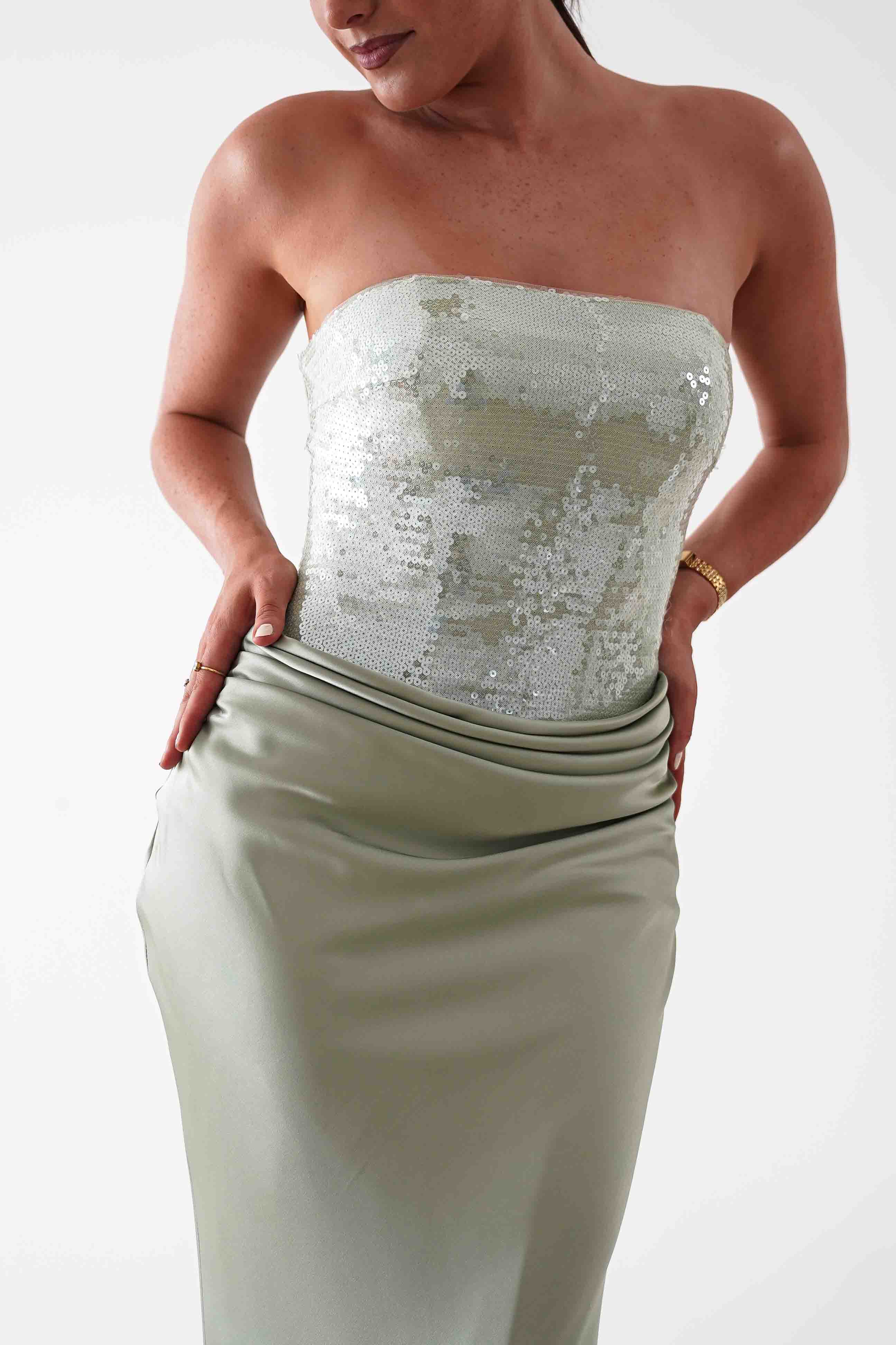 Oh Hello Clothing Dresses > Prom Dresses Sienne Strapless Sequin Satin Maxi Dress | Sage
