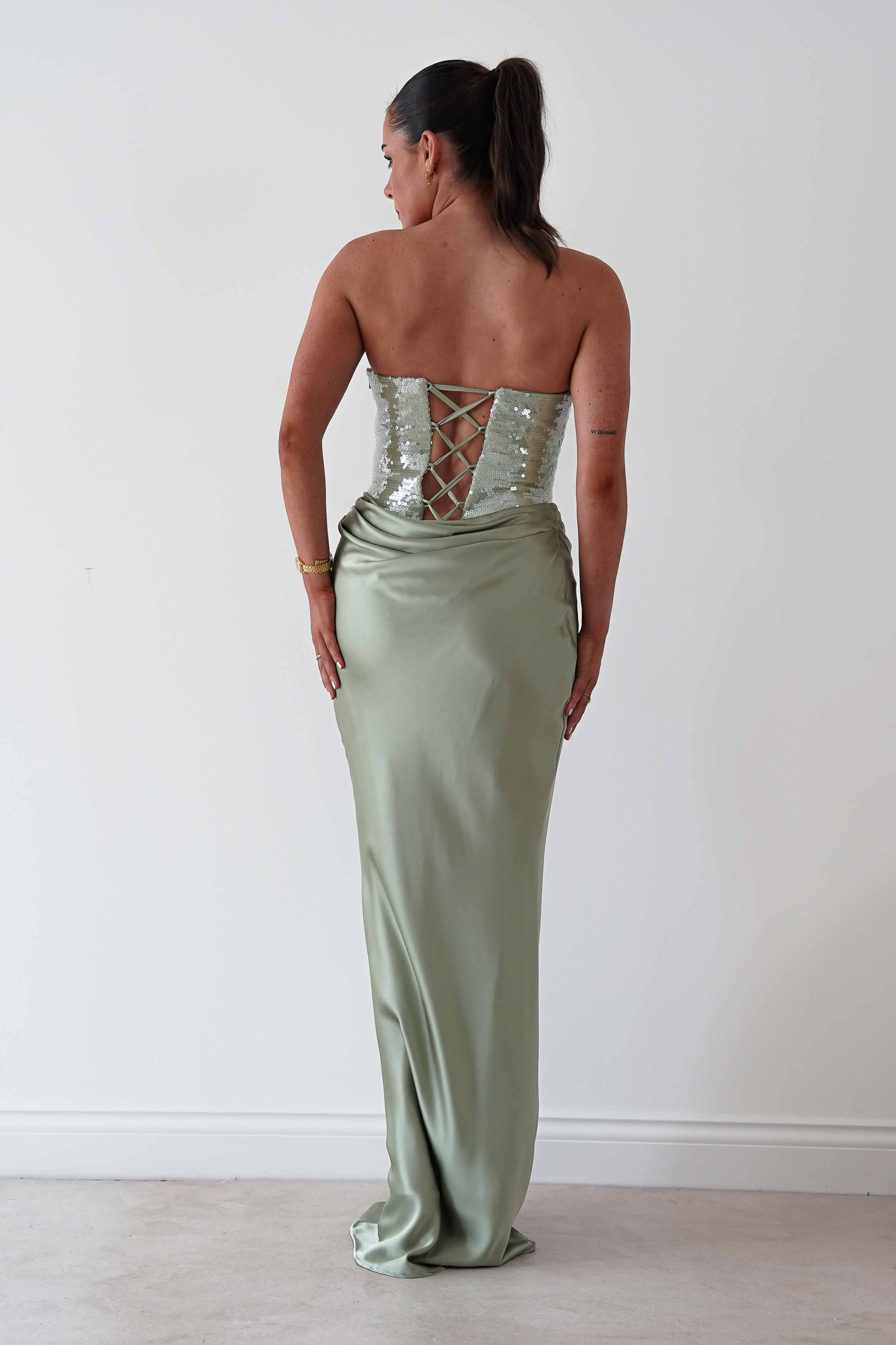Oh Hello Clothing Dresses > Prom Dresses Sienne Strapless Sequin Satin Maxi Dress | Sage