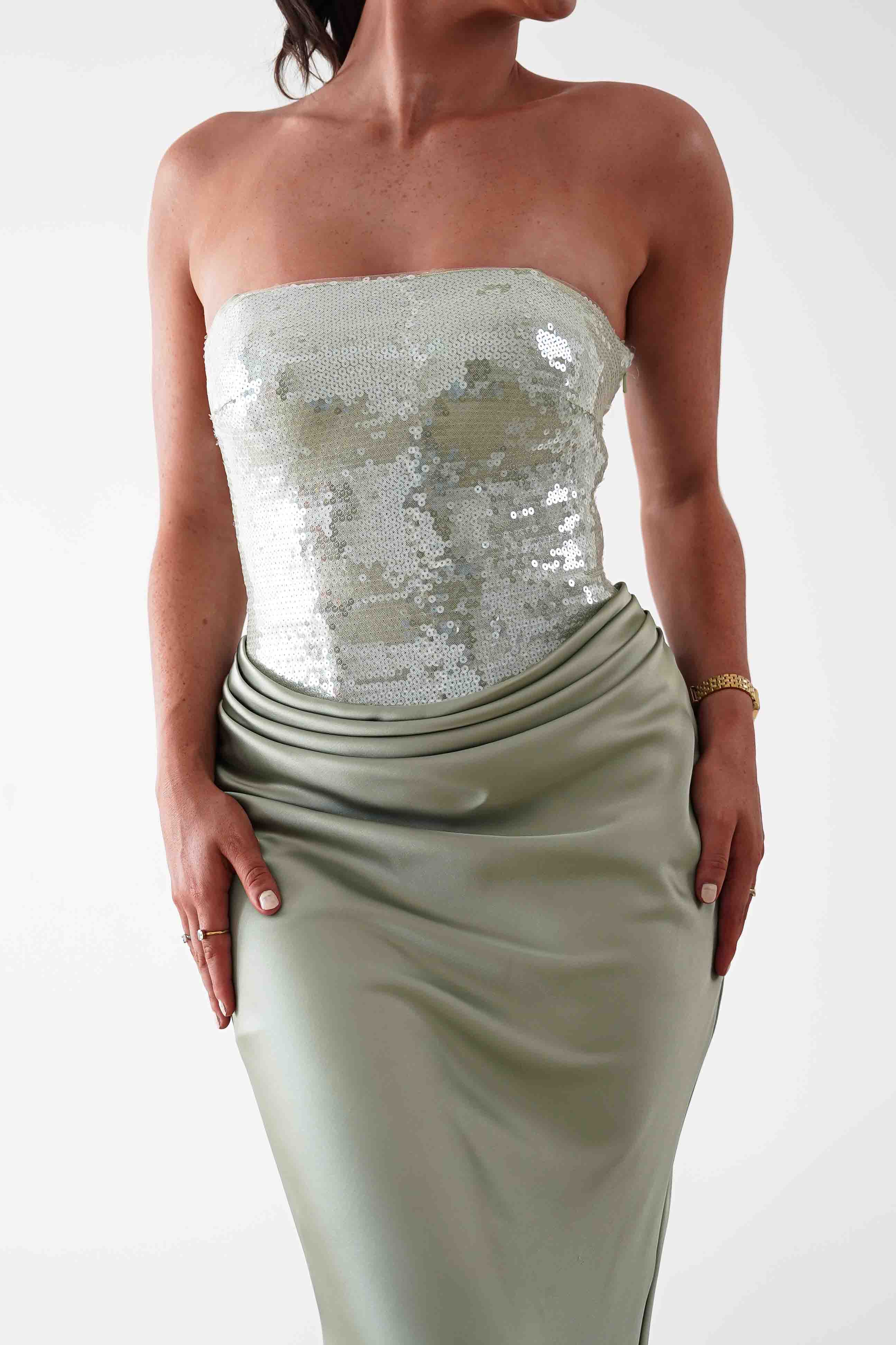 Oh Hello Clothing Dresses > Prom Dresses Sienne Strapless Sequin Satin Maxi Dress | Sage